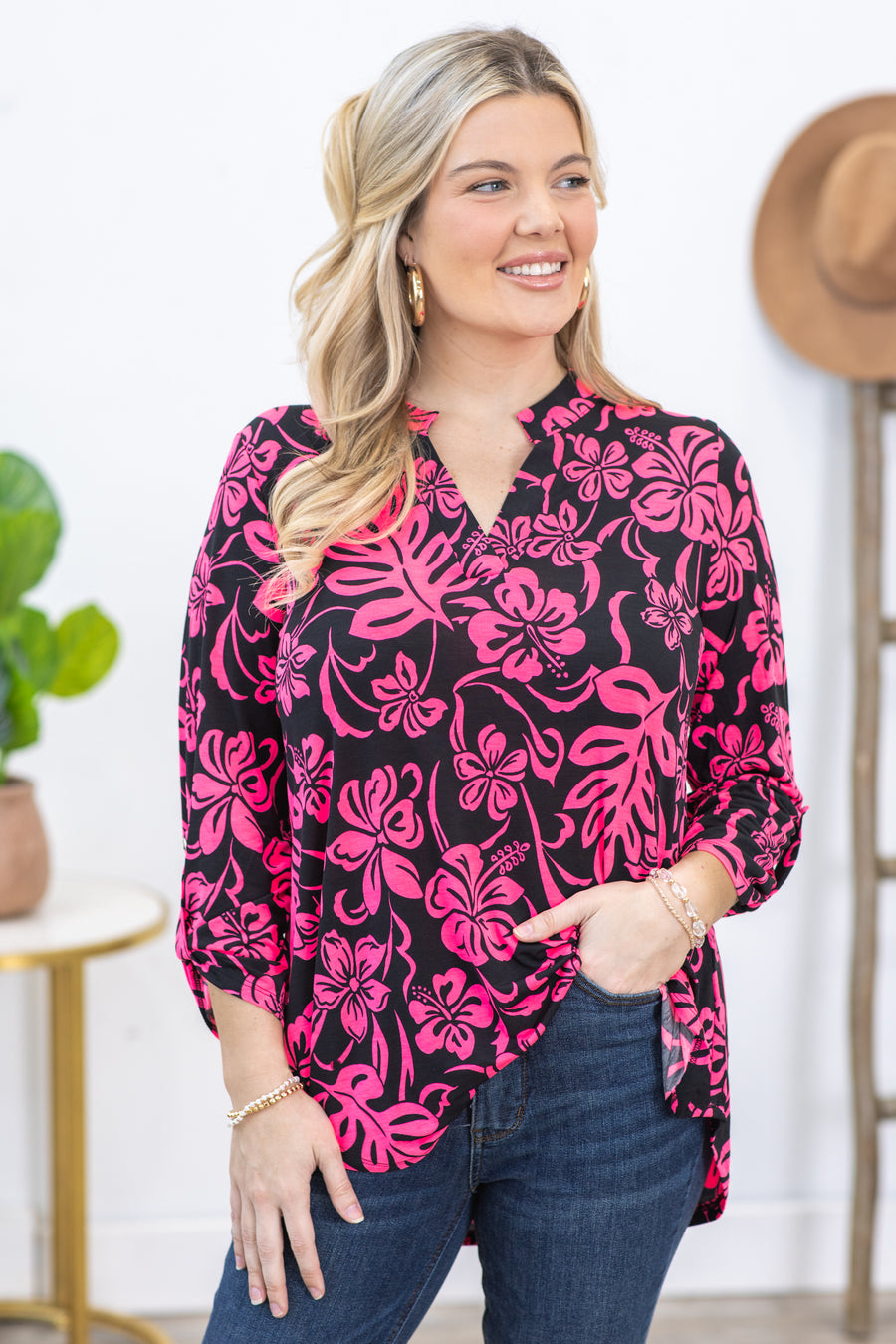 Black With Pink Floral Wrinkle Free Lizzy Top
