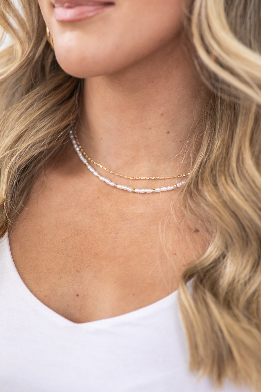 Gold and White Pearl Chain Layered Necklace