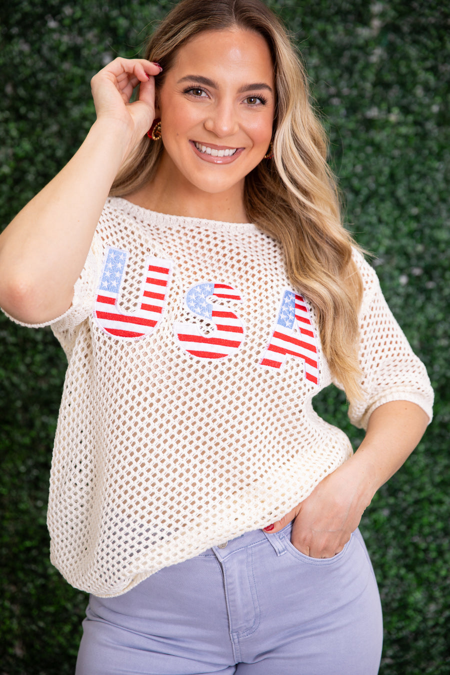 Ivory Pointelle American Flag USA Knit Top