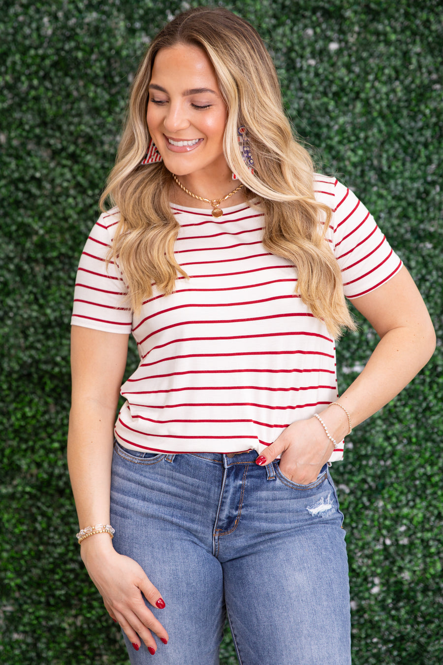 Ivory And Wine Stripe Short Sleeve Knit Top