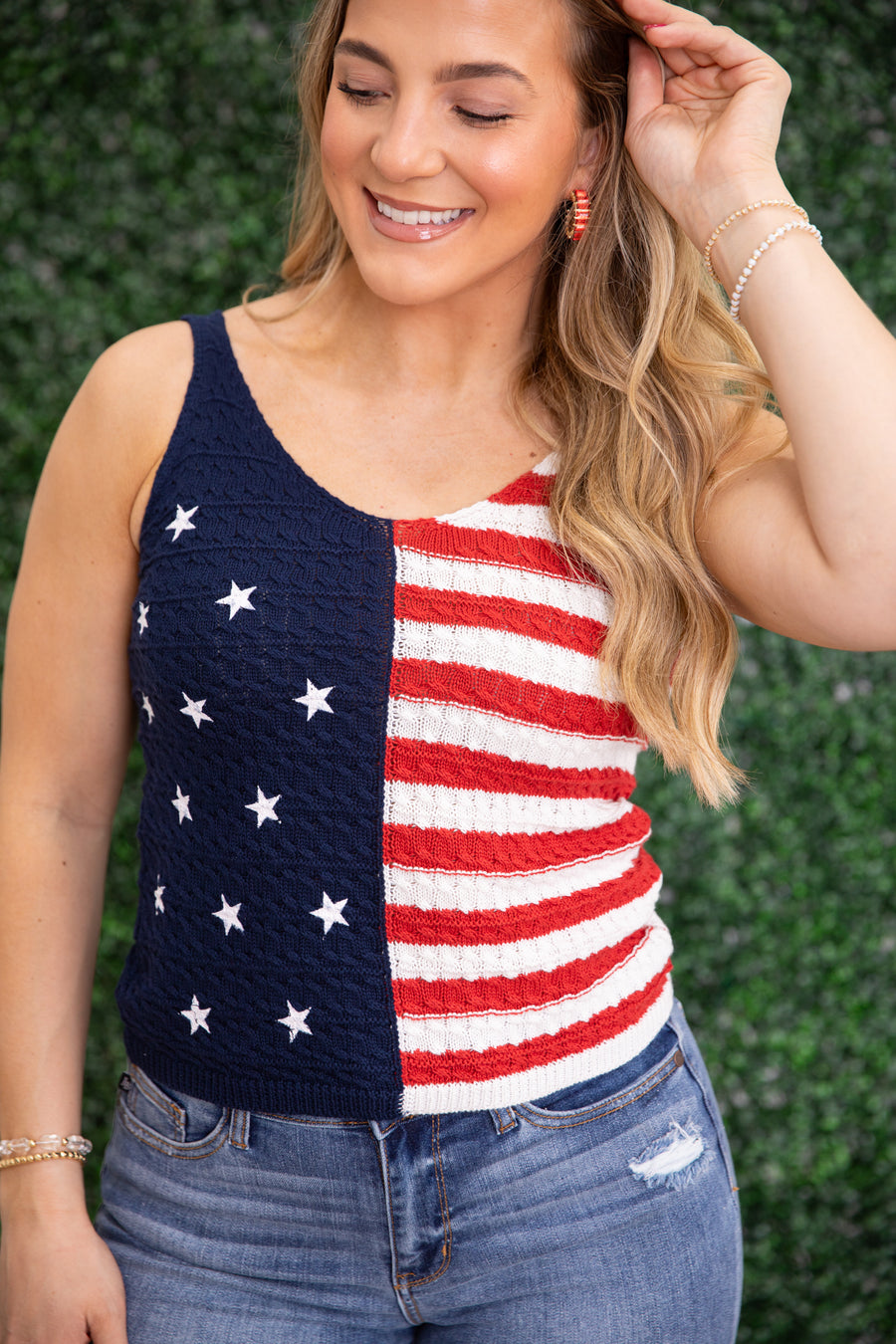 Navy And Red American Flag Split Knit Top