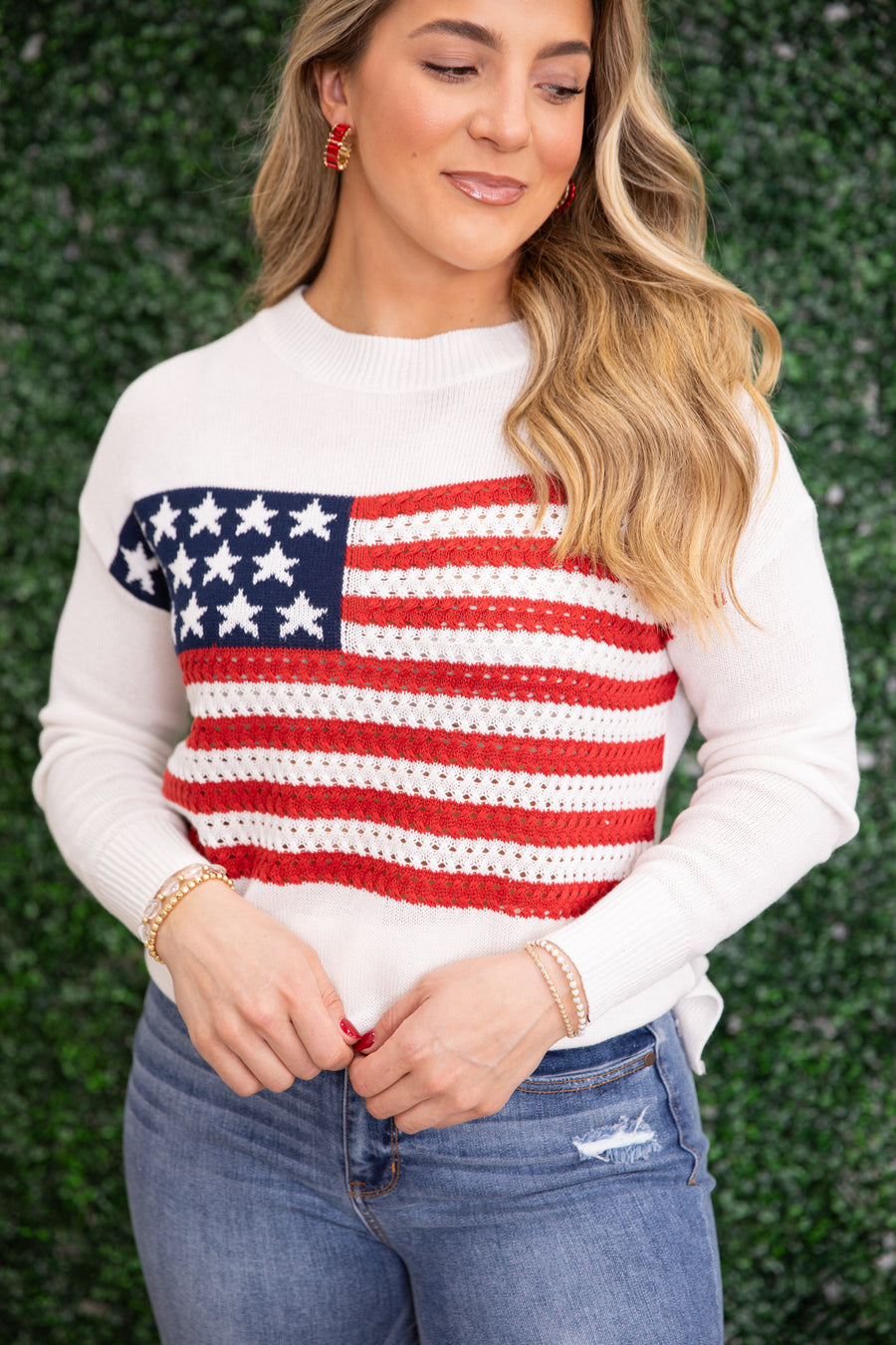 Off White Crochet American Flag Knit Top
