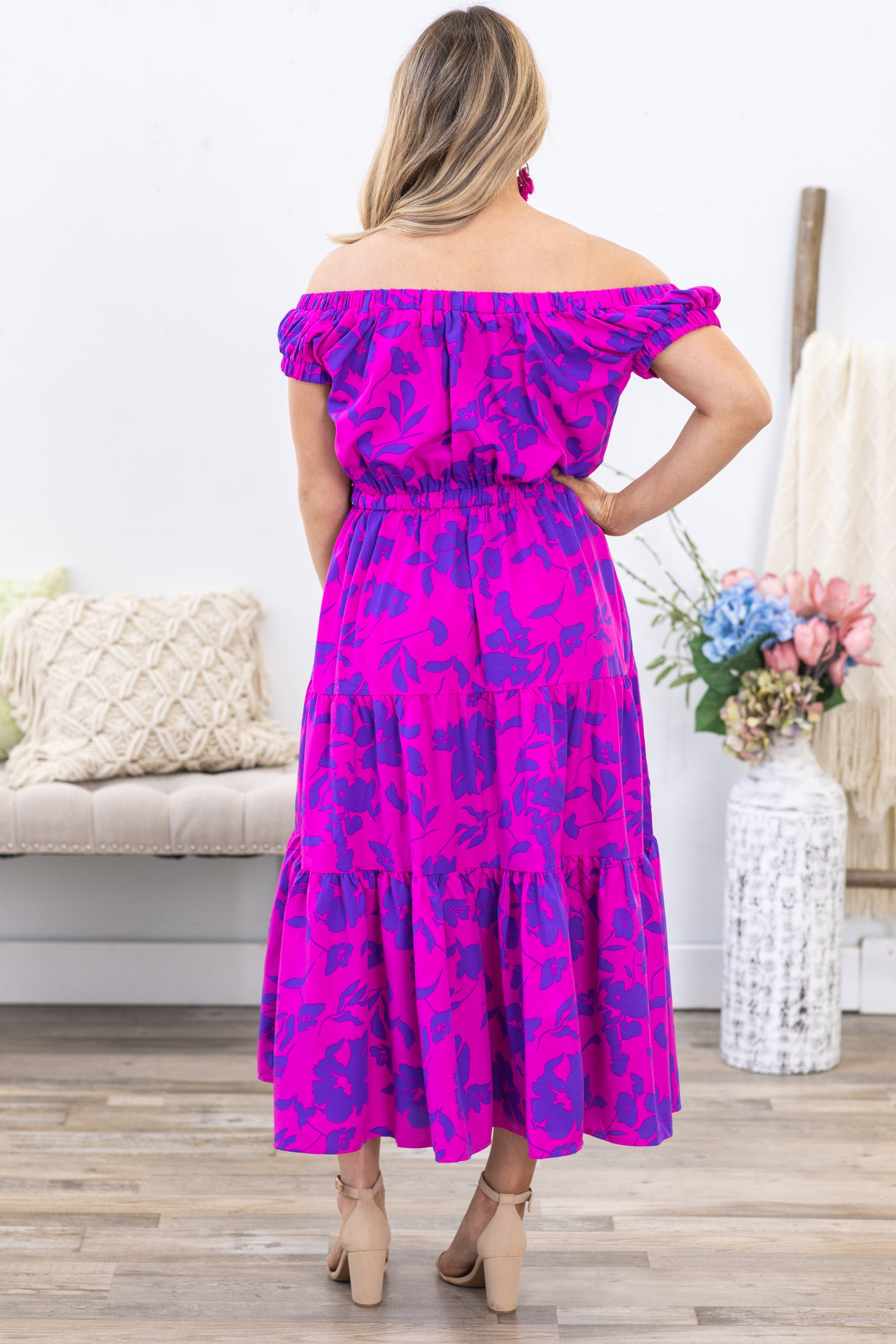 Magenta and Indigo Floral Print Maxi Dress