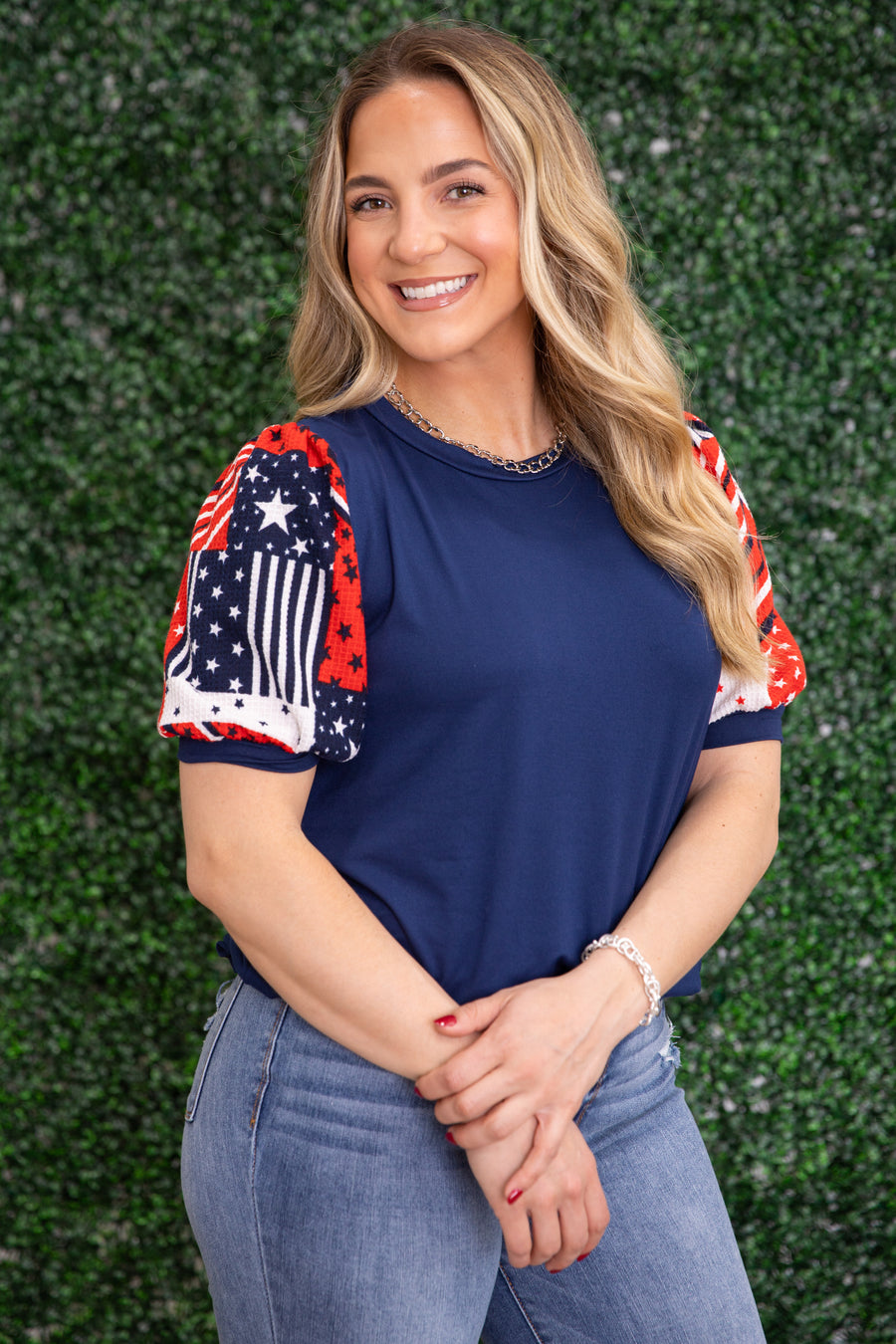 Navy Star And Stripe Puff Sleeve Knit Top