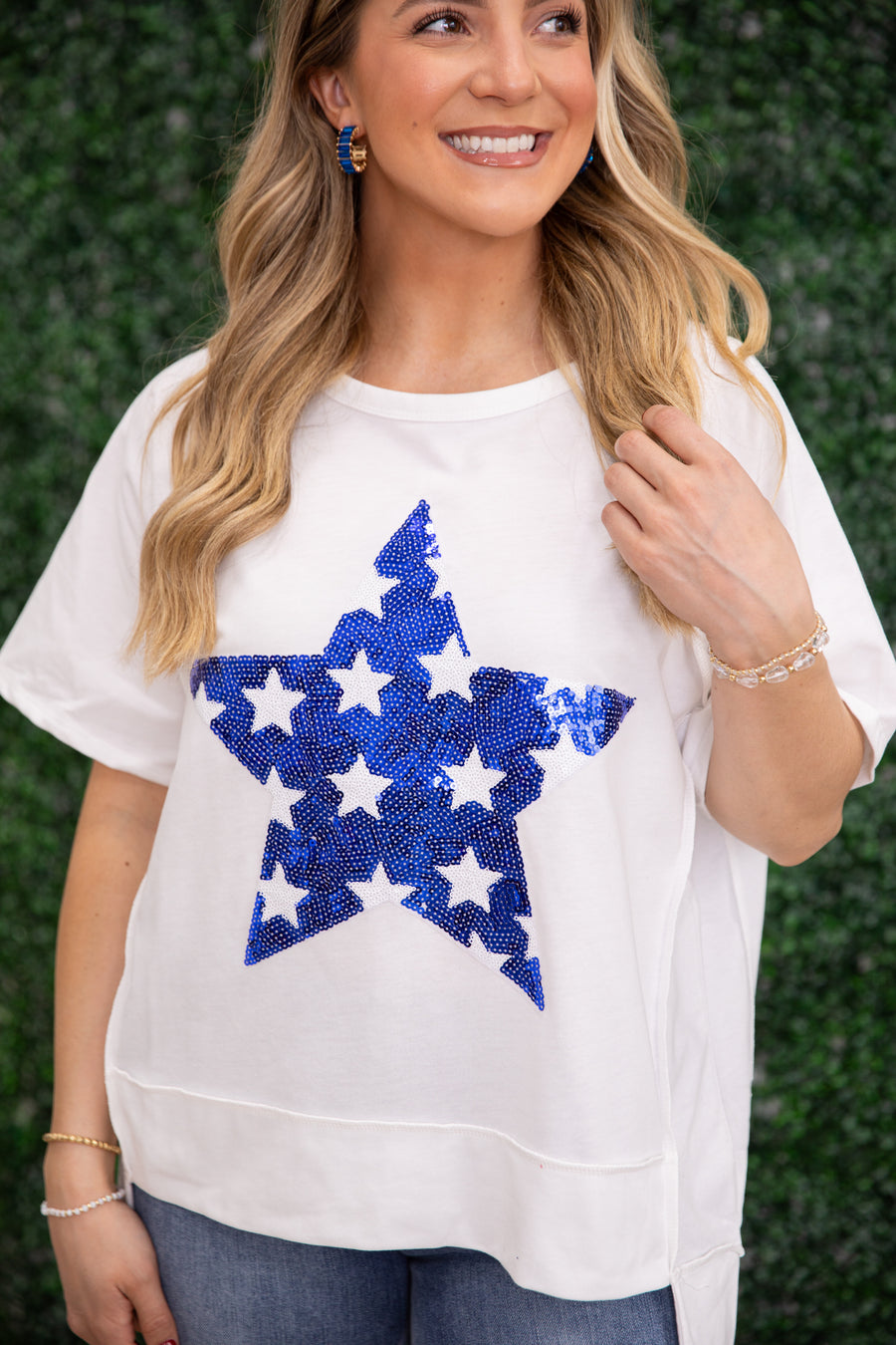 White With Blue Sequin Star Knit Top