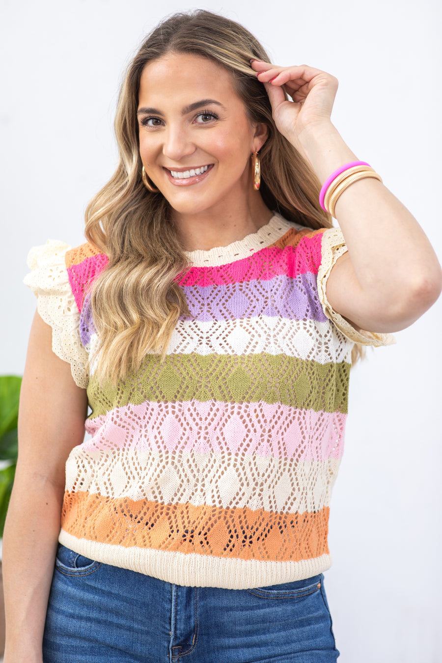 Beige Pointelle Multicolor Striped Knit Top