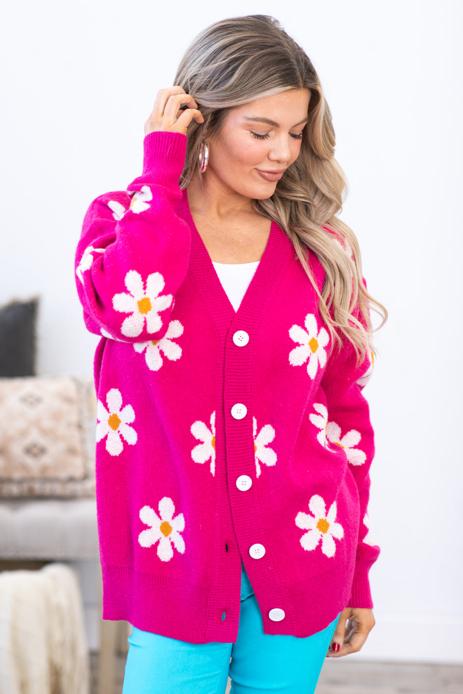 Hot Pink Daisy Floral Button Down Cardigan