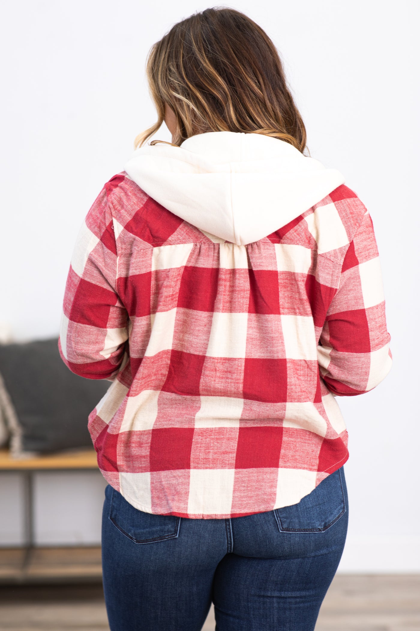 Dark Red Plaid Button Up Top With Hood
