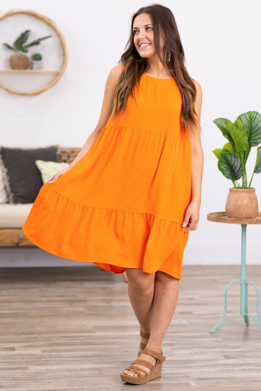 Orange Sleeveless Tiered Skirt Dress - Filly Flair