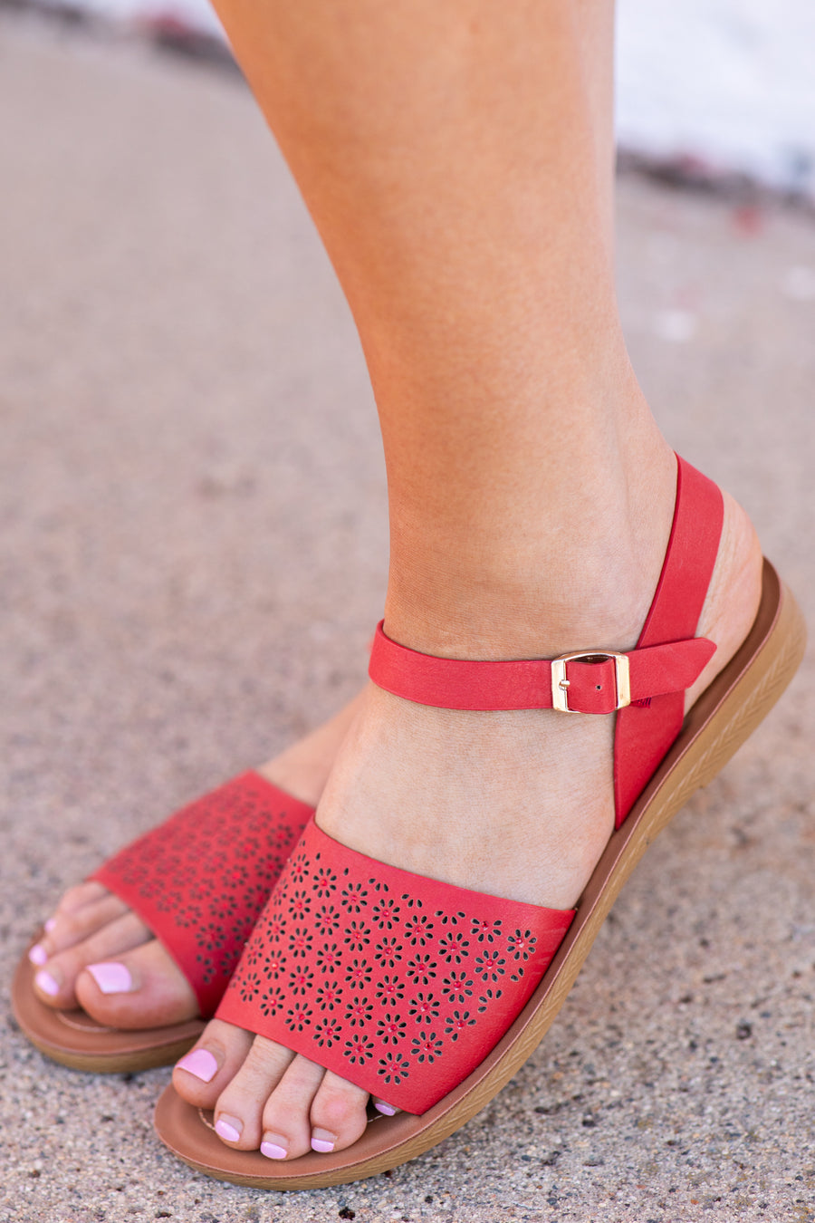 Red Perforated Floral Sandal