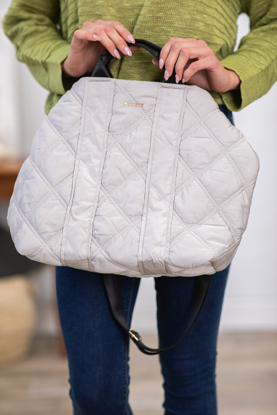 Grey Quilted Tote Bag With Crossbody Strap