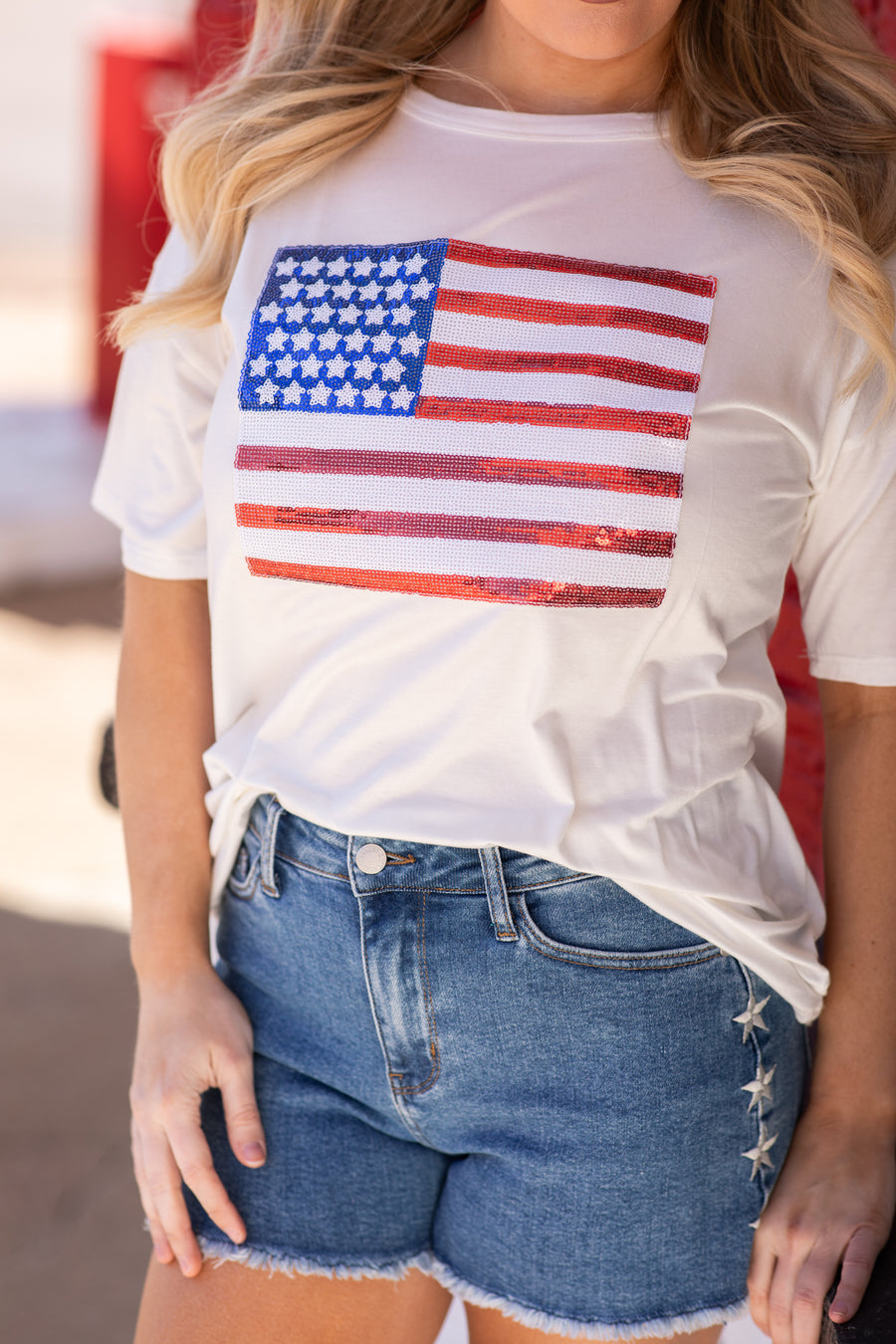 Off White With Sequin American Flag Knit Top