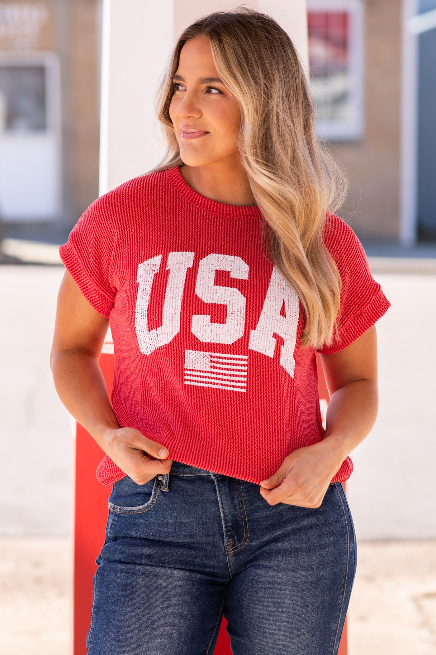 Red Ribbed USA Knit Top