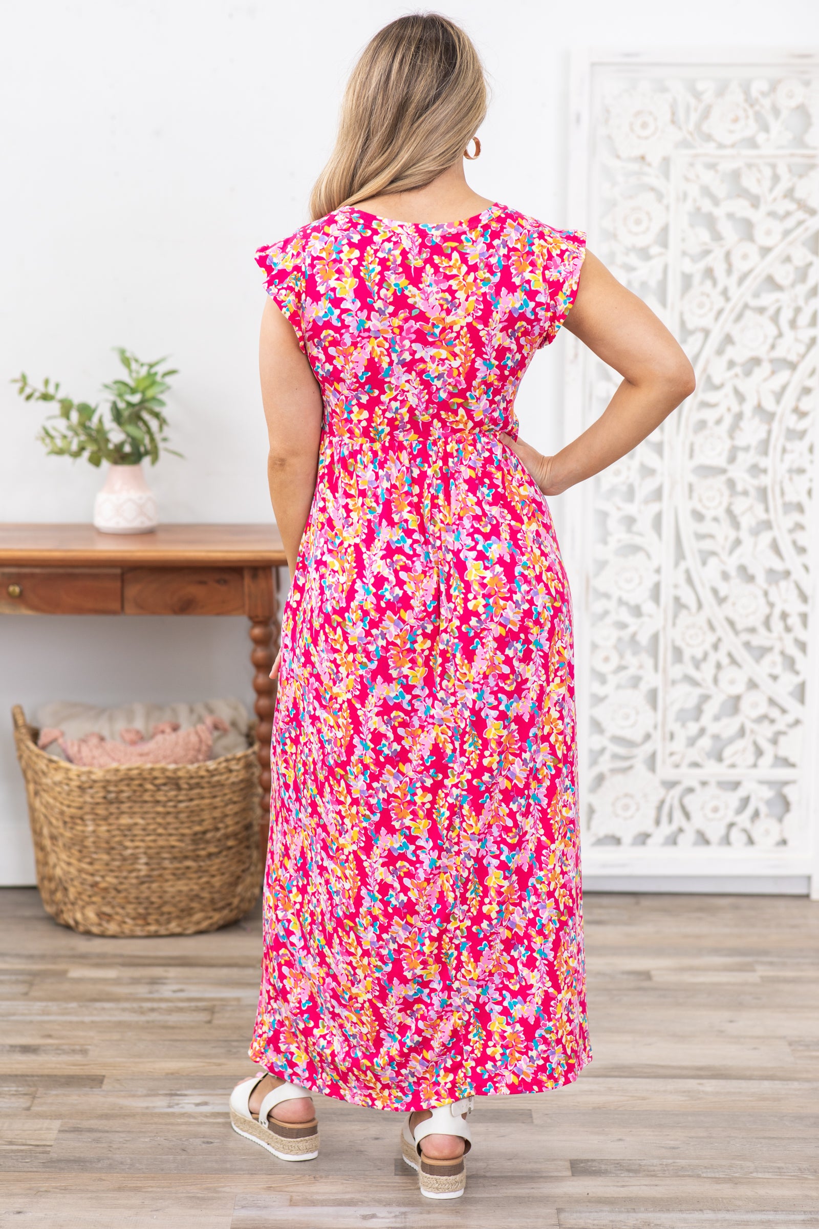 Fuchsia Floral Print Maxi Knit Dress