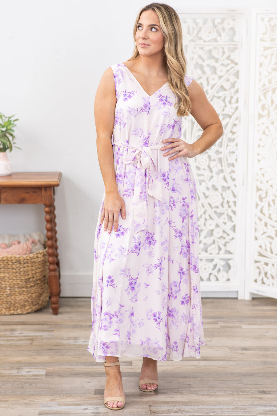 Lavender V-Neck Self Tie Floral Maxi Dress