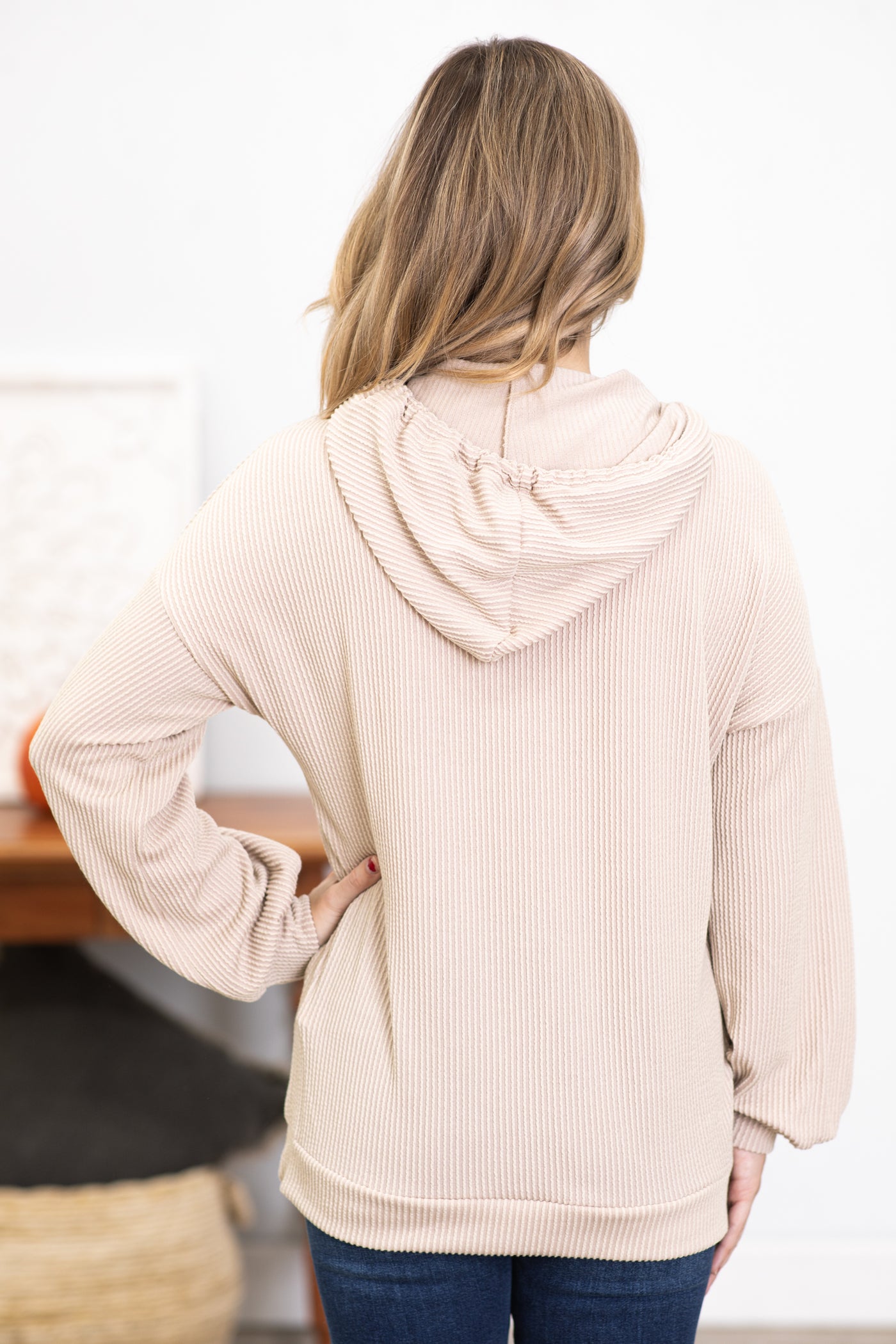Beige Ribbed Knit Top With Hood