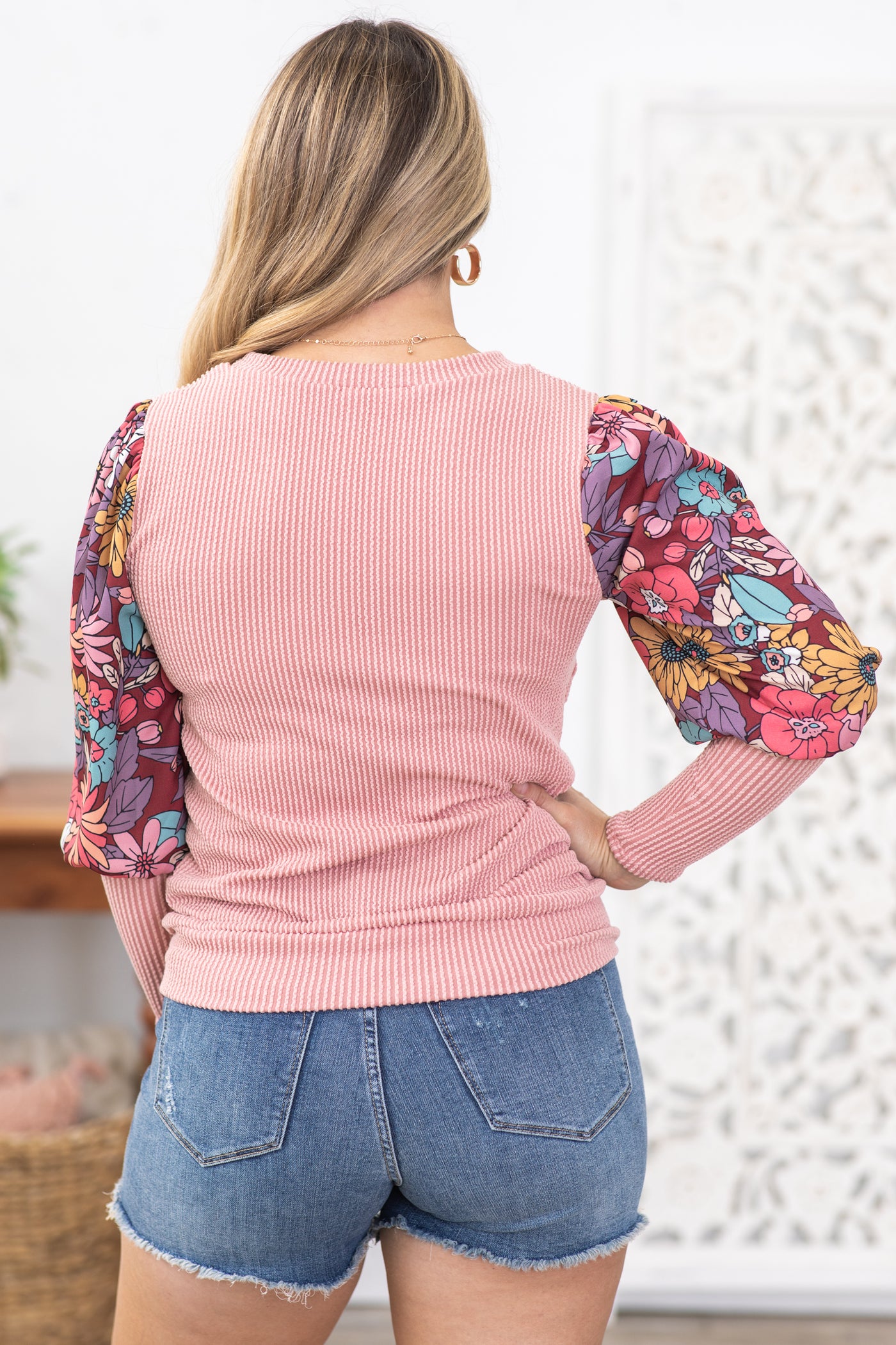 Dusty Rose Ribbed Long Sleeve Floral Knit Top
