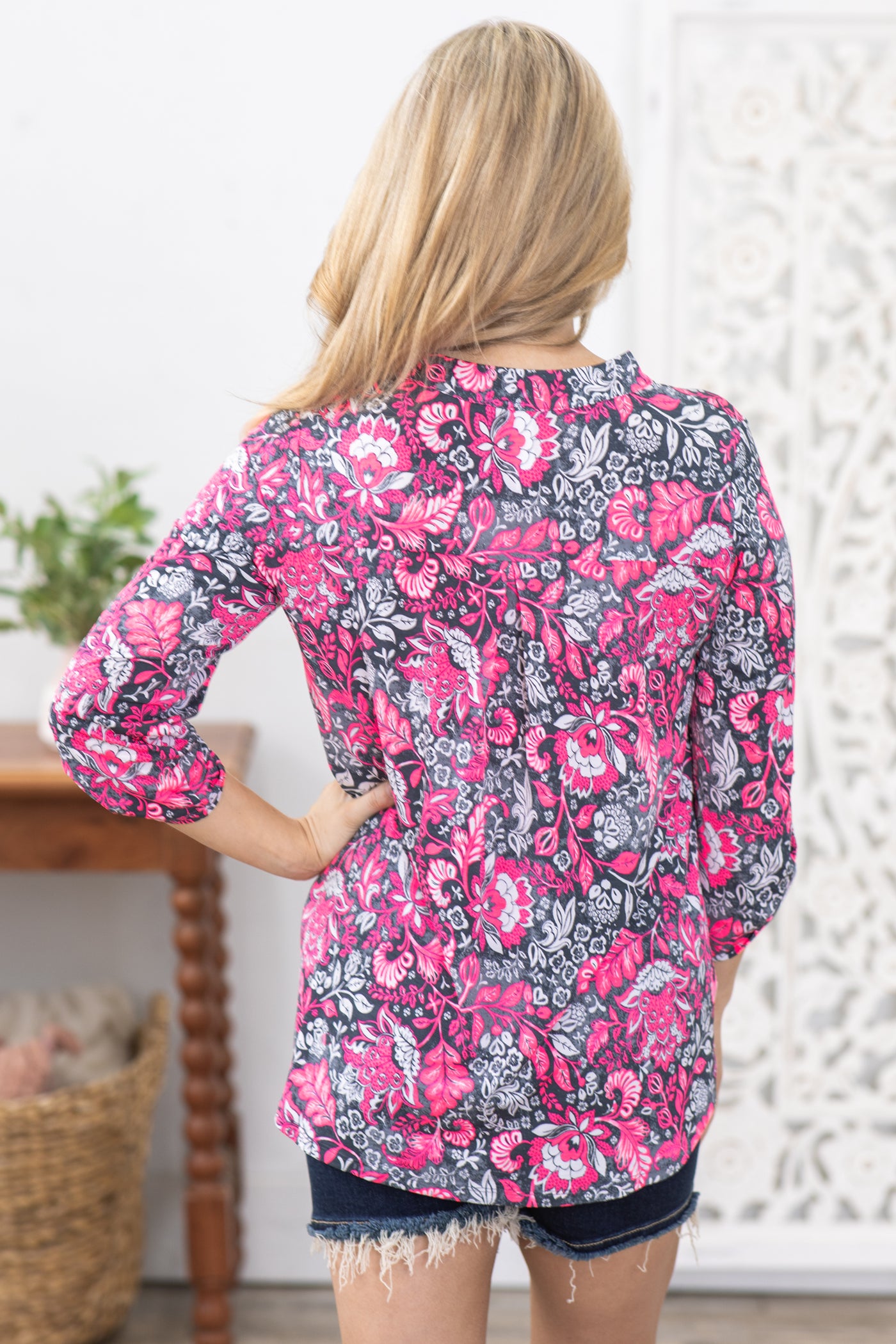 Neon Pink Floral Wrinkle Free Lizzy Top