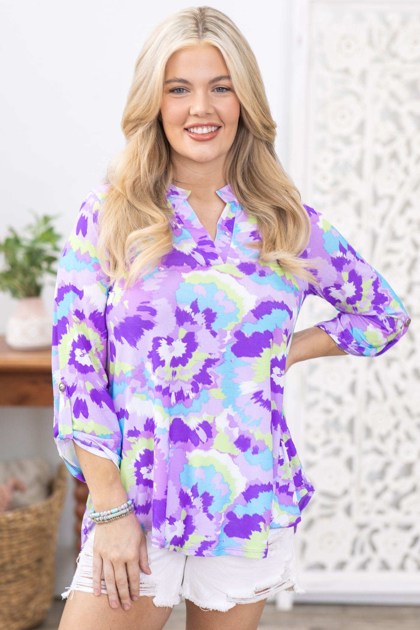 Lavender And Aqua Wrinkle Free Lizzy Top