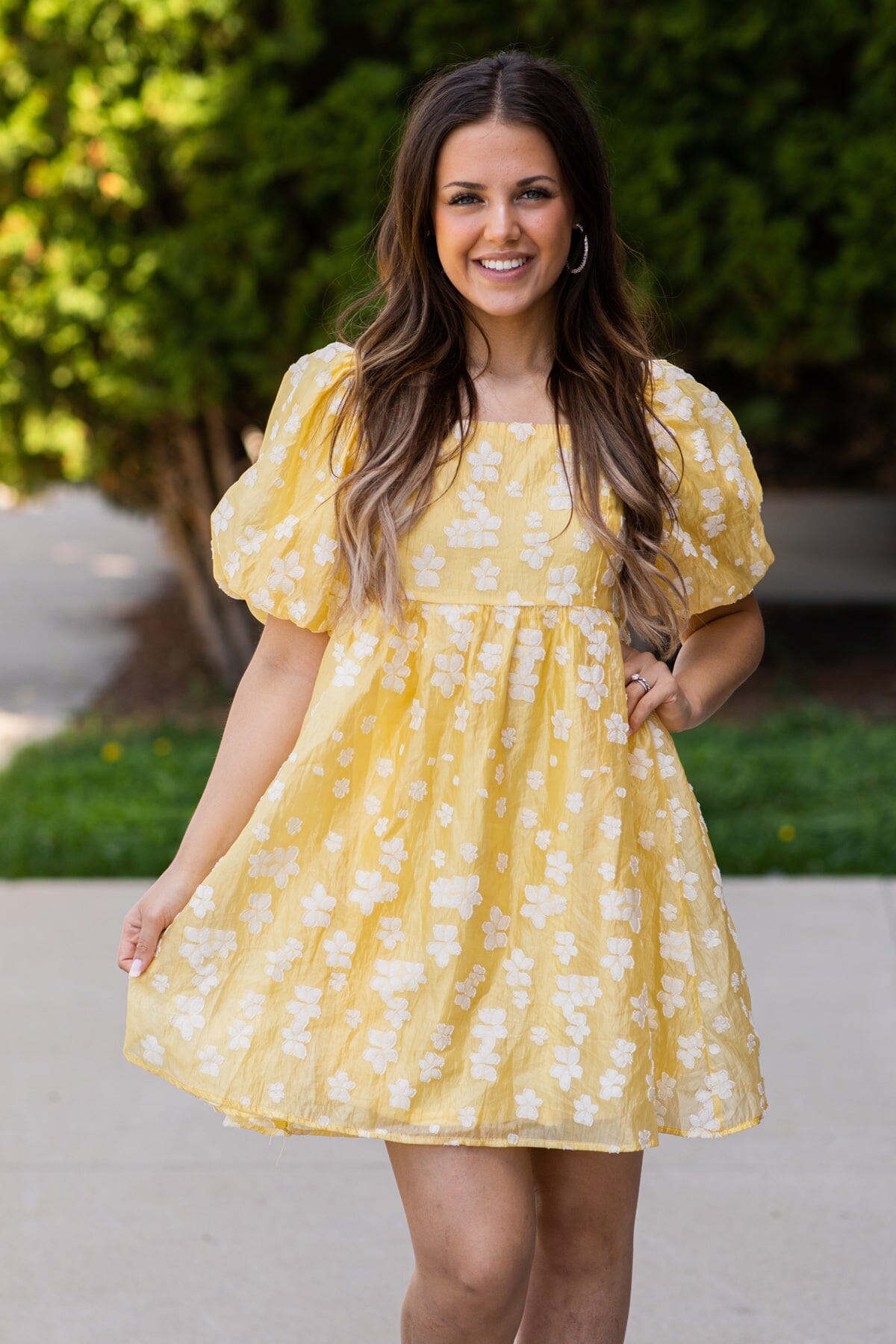 Pastel Yellow Floral Puff Sleeve Dress - Filly Flair