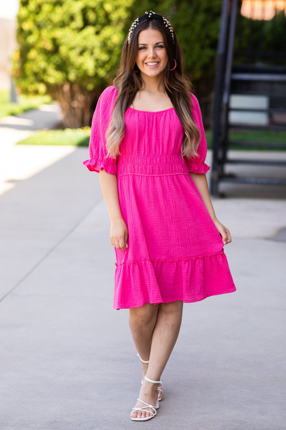 Hot Pink Balloon Sleeve Dress With Smocking - Filly Flair