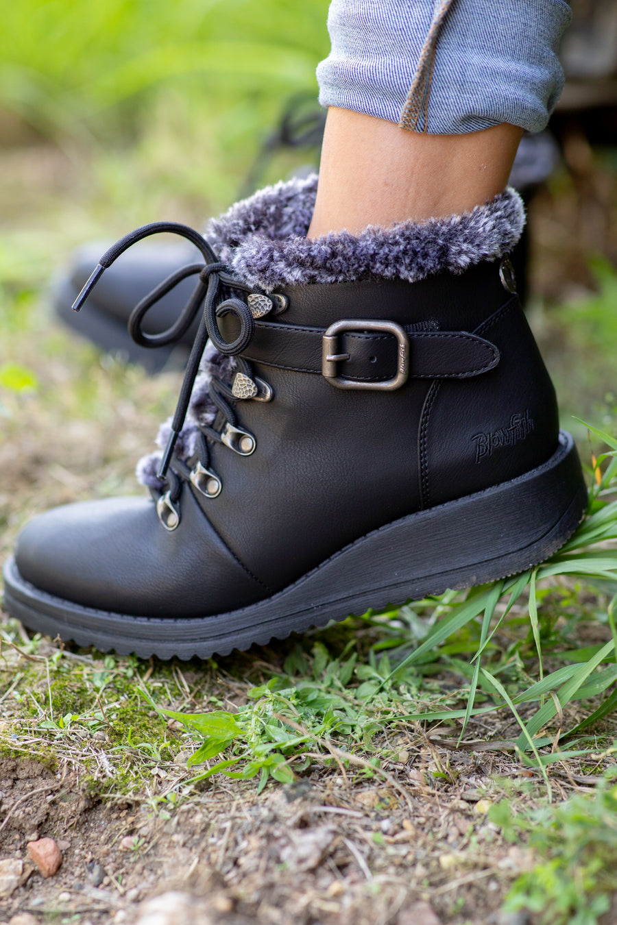 Black Lace Up Boots With Faux Fur Detail