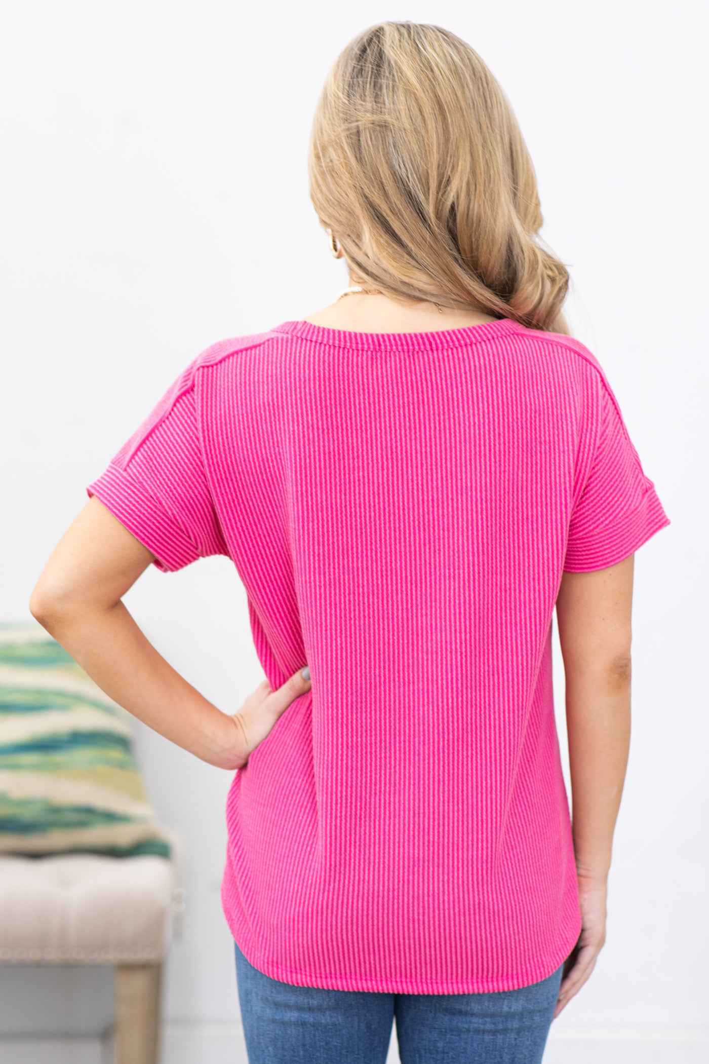 Hot Pink Ribbed Short Sleeve Knit Top