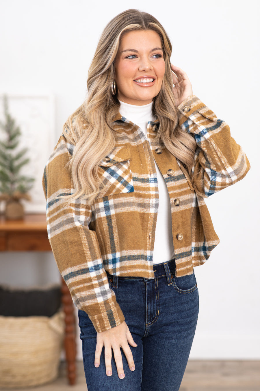 Camel and Teal Plaid Jacket