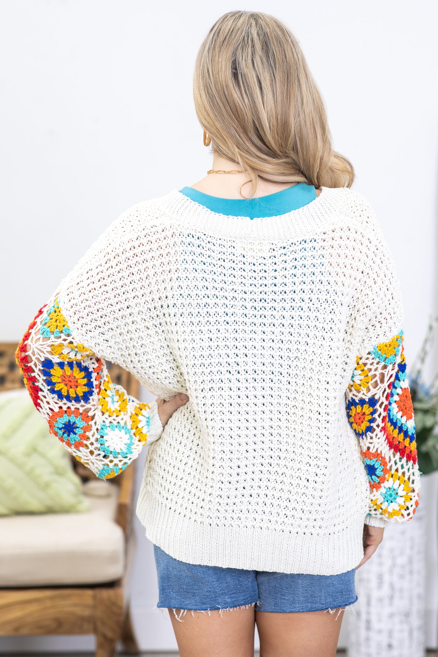 Cream Multicolor Sleeve Crochet Cardigan