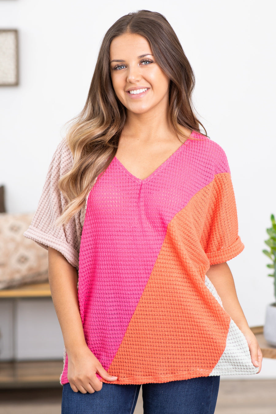 Hot Pink and Orange Waffle Colorblock Top - Filly Flair
