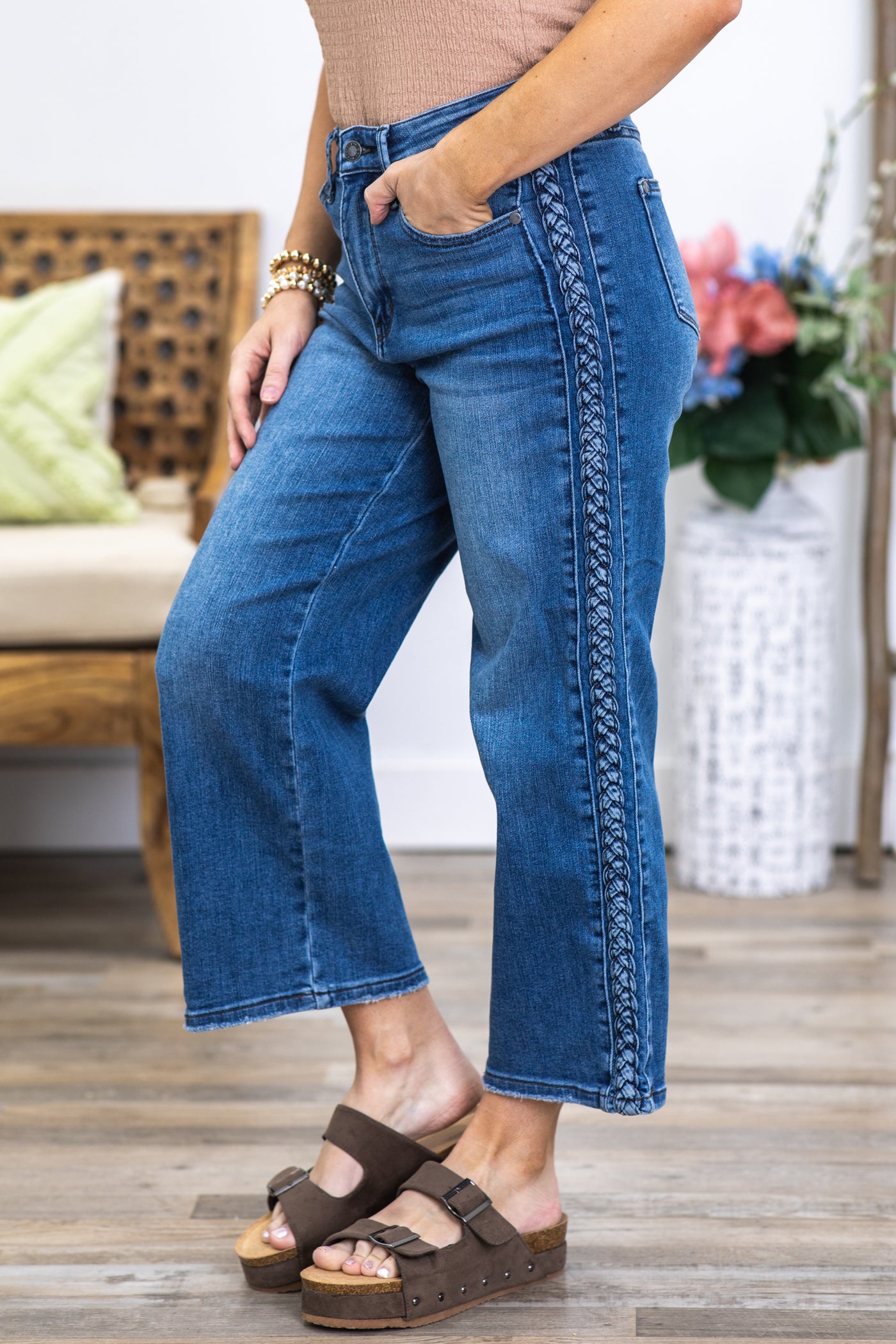 Judy Blue Braid Detail Crop Wide Leg Jeans