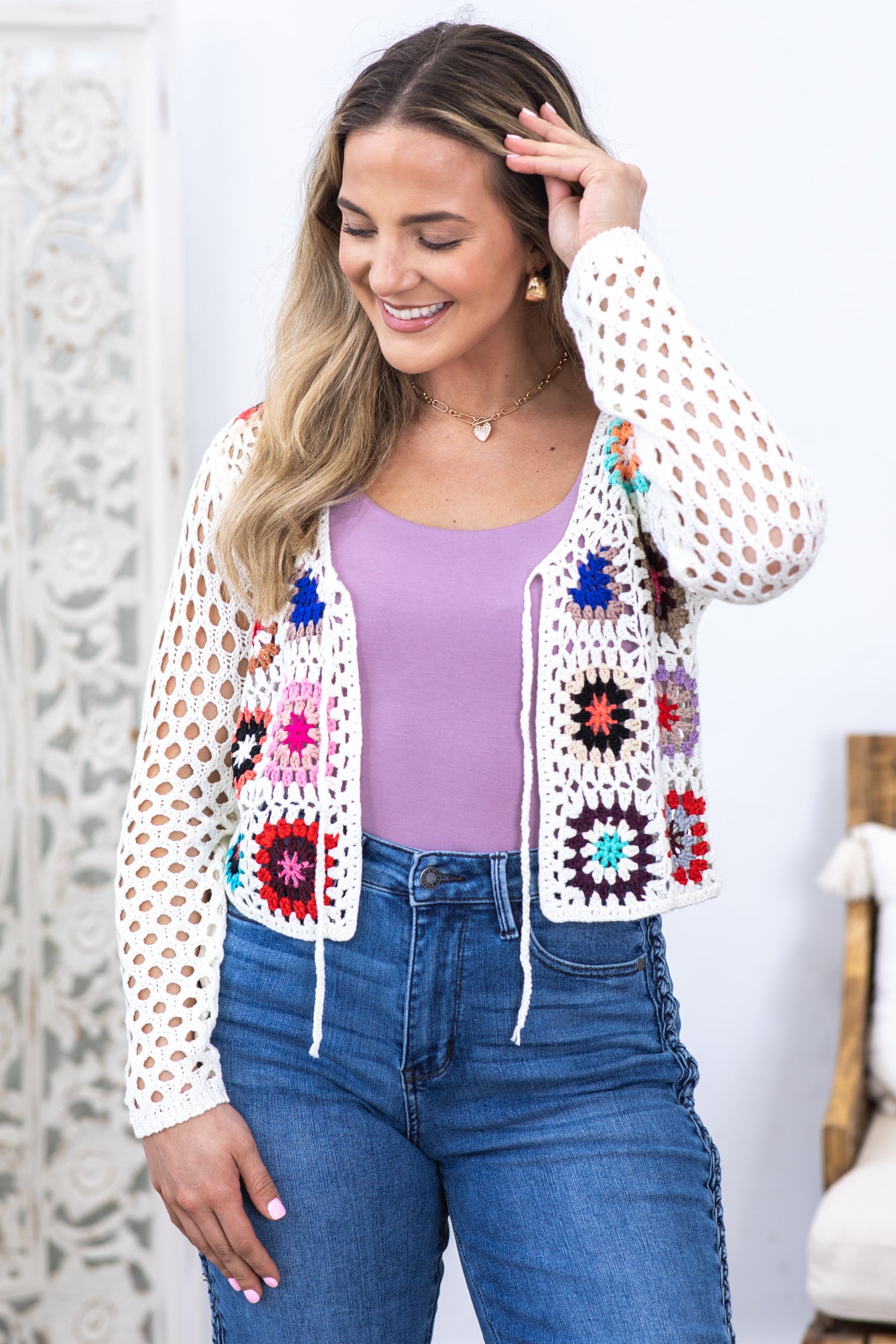 Ivory Crochet Square Cardigan With Tie Detail