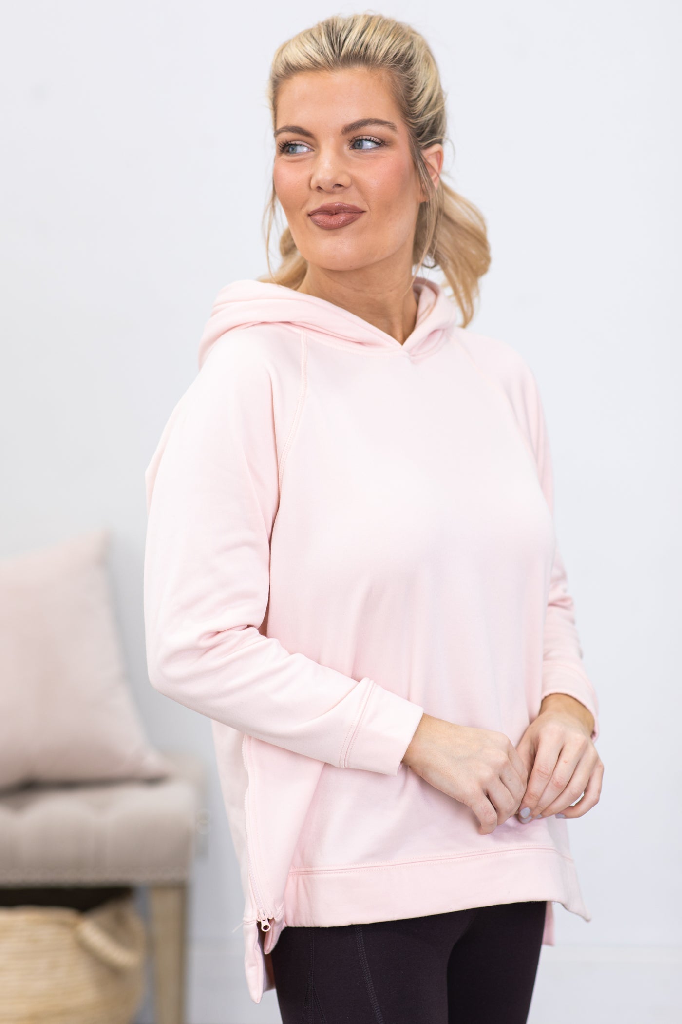 Blush Pullover Hoodie With Side Zipper