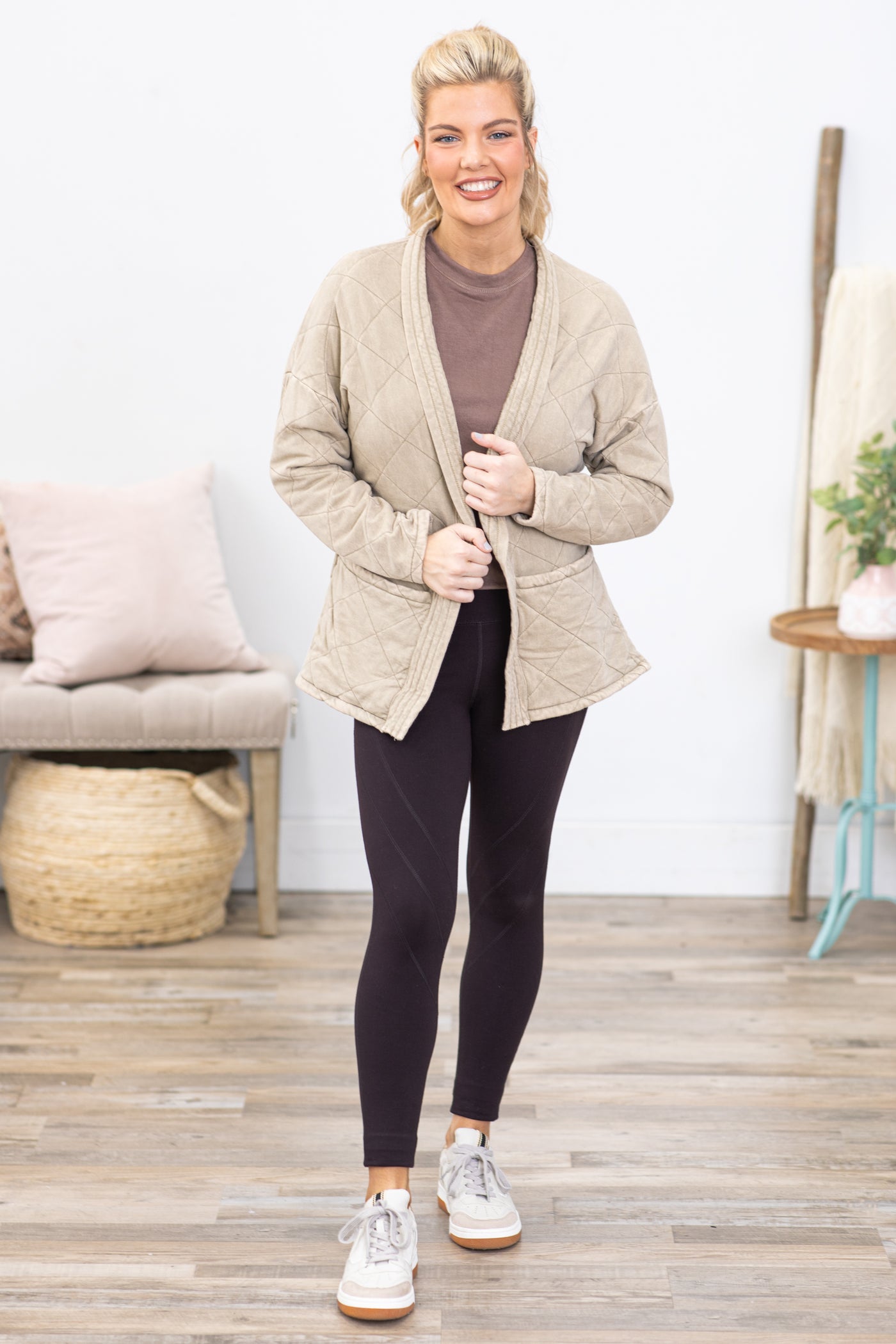 Taupe Quilted Mineral Washed Wrapped Jacket