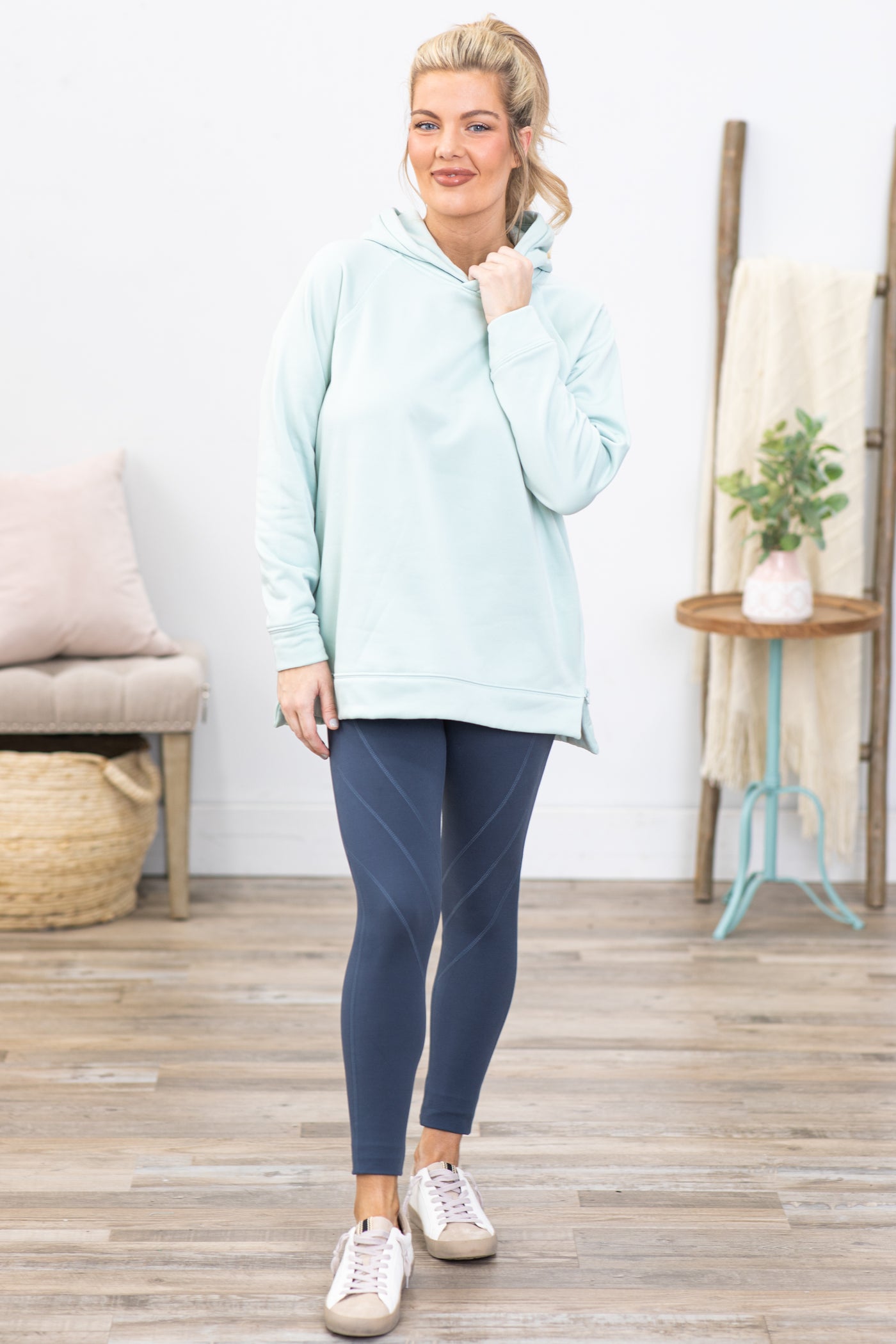 Light Mint Pullover Hoodie With Side Zipper