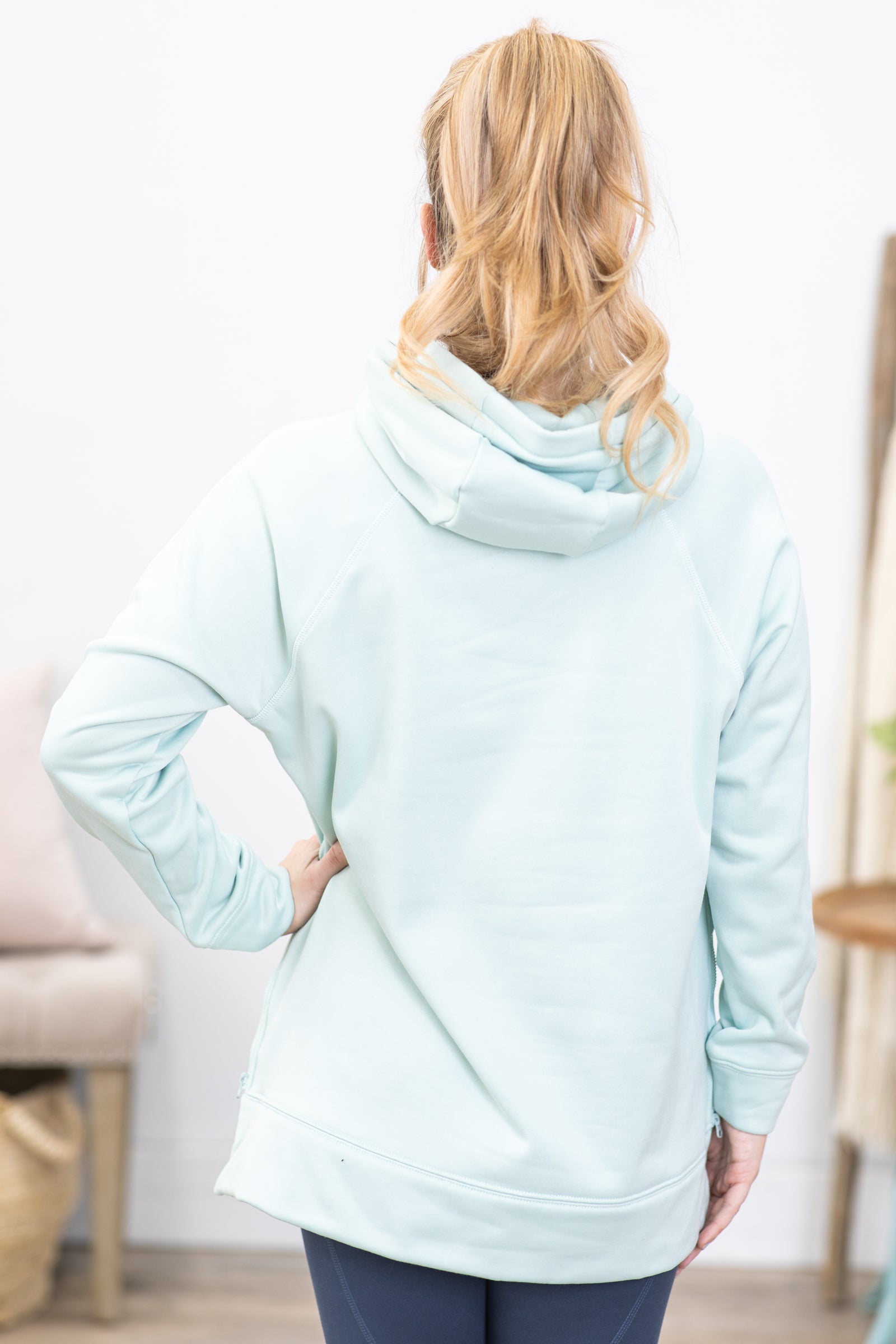 Light Mint Pullover Hoodie With Side Zipper