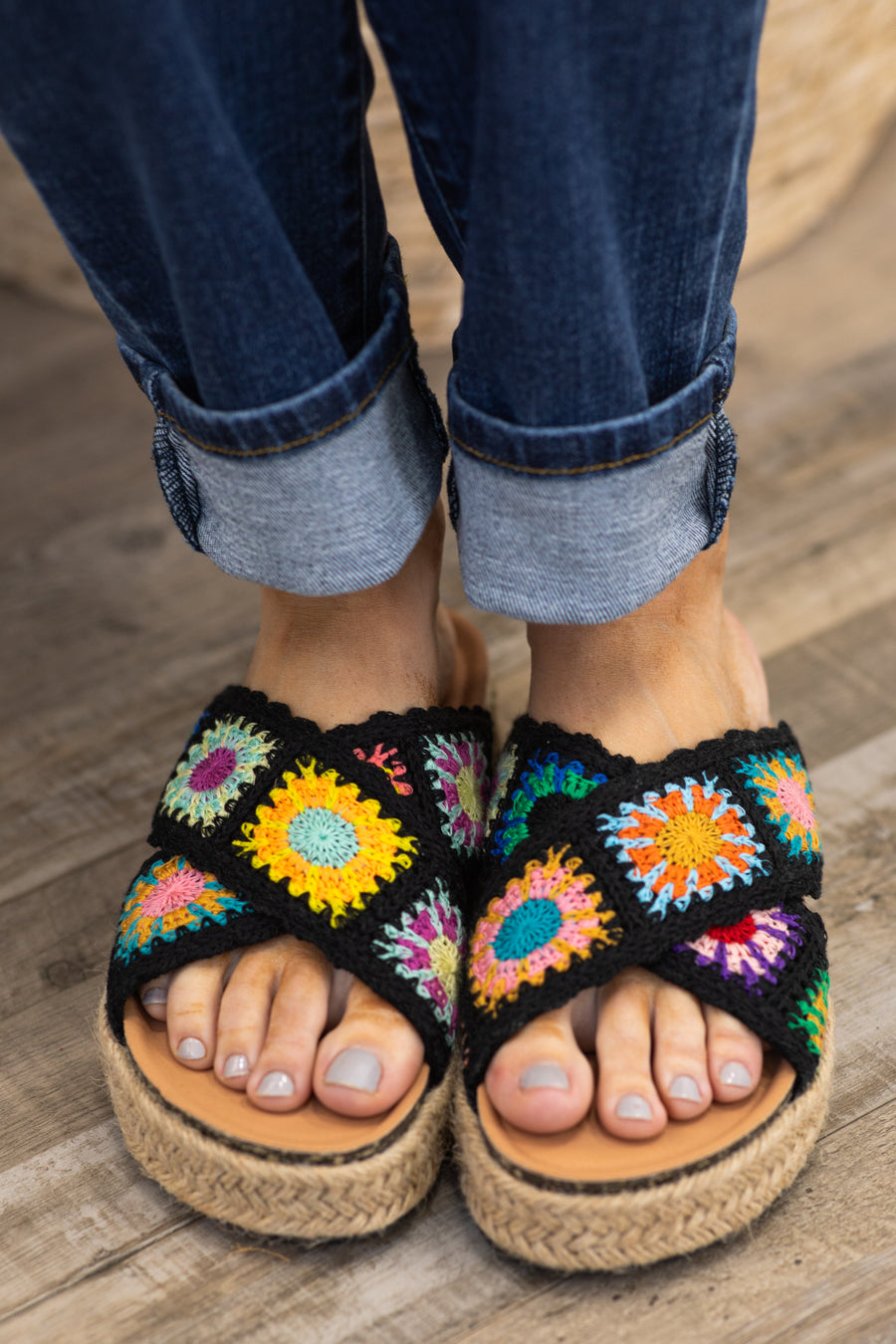 Black Multicolor Crochet Platform Sandal