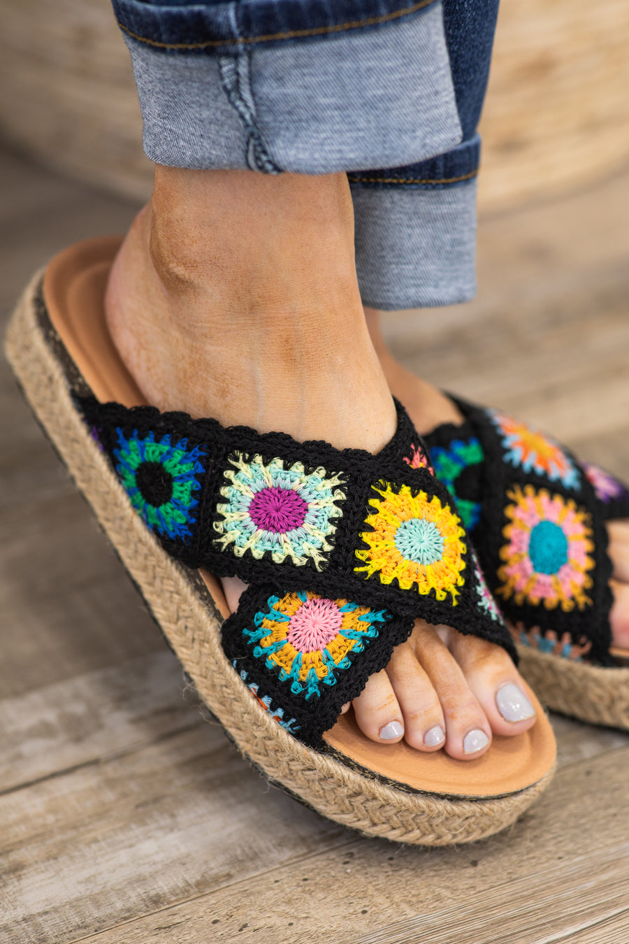 Black Multicolor Crochet Platform Sandal