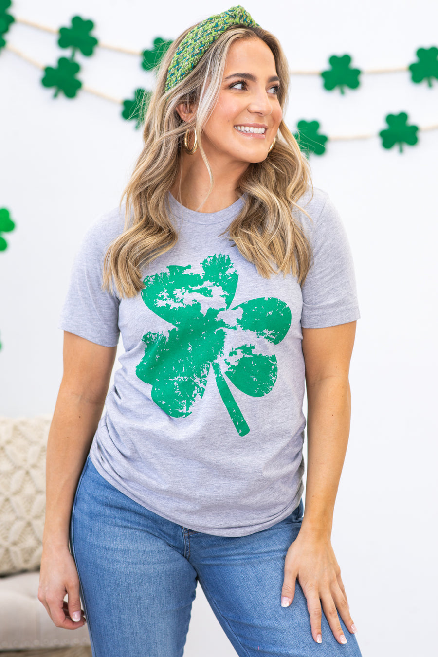 Heather Grey Distressed Clover Graphic Tee