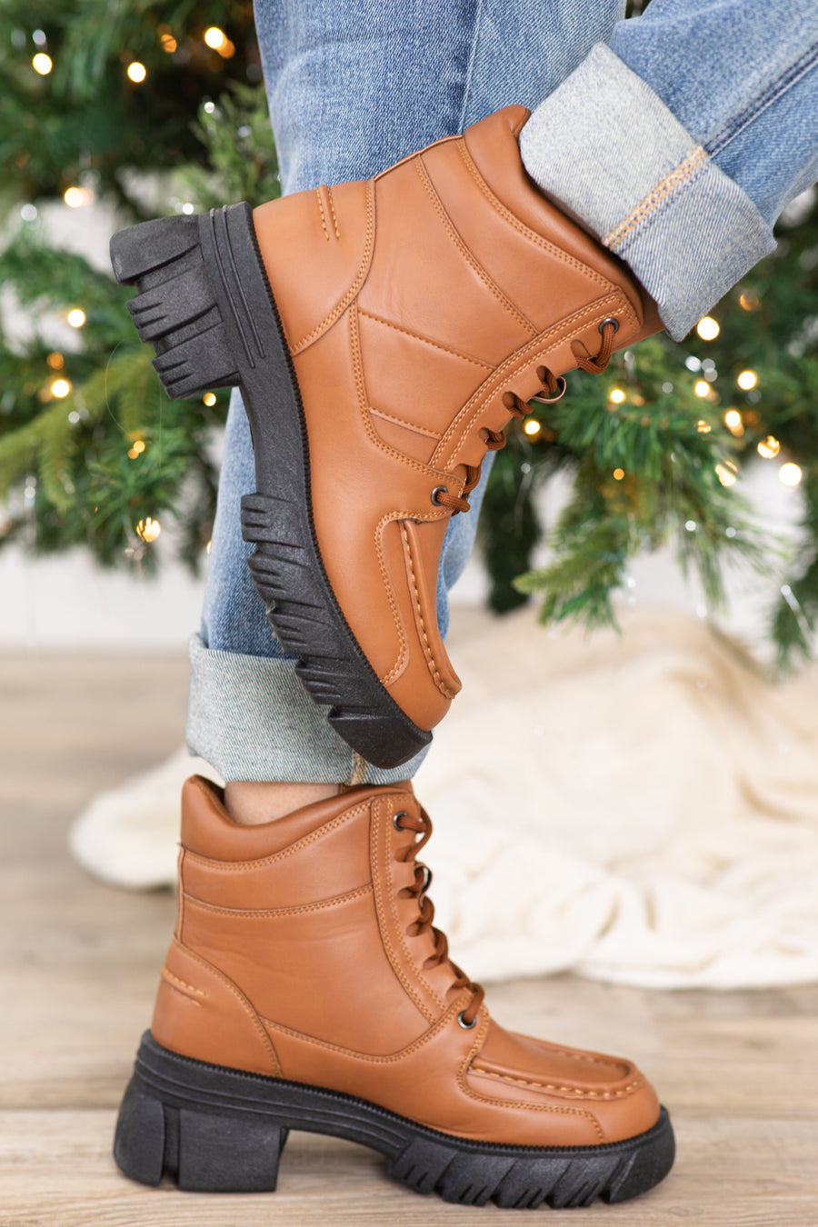 Brown Lace Up Boots With Black Lug Sole