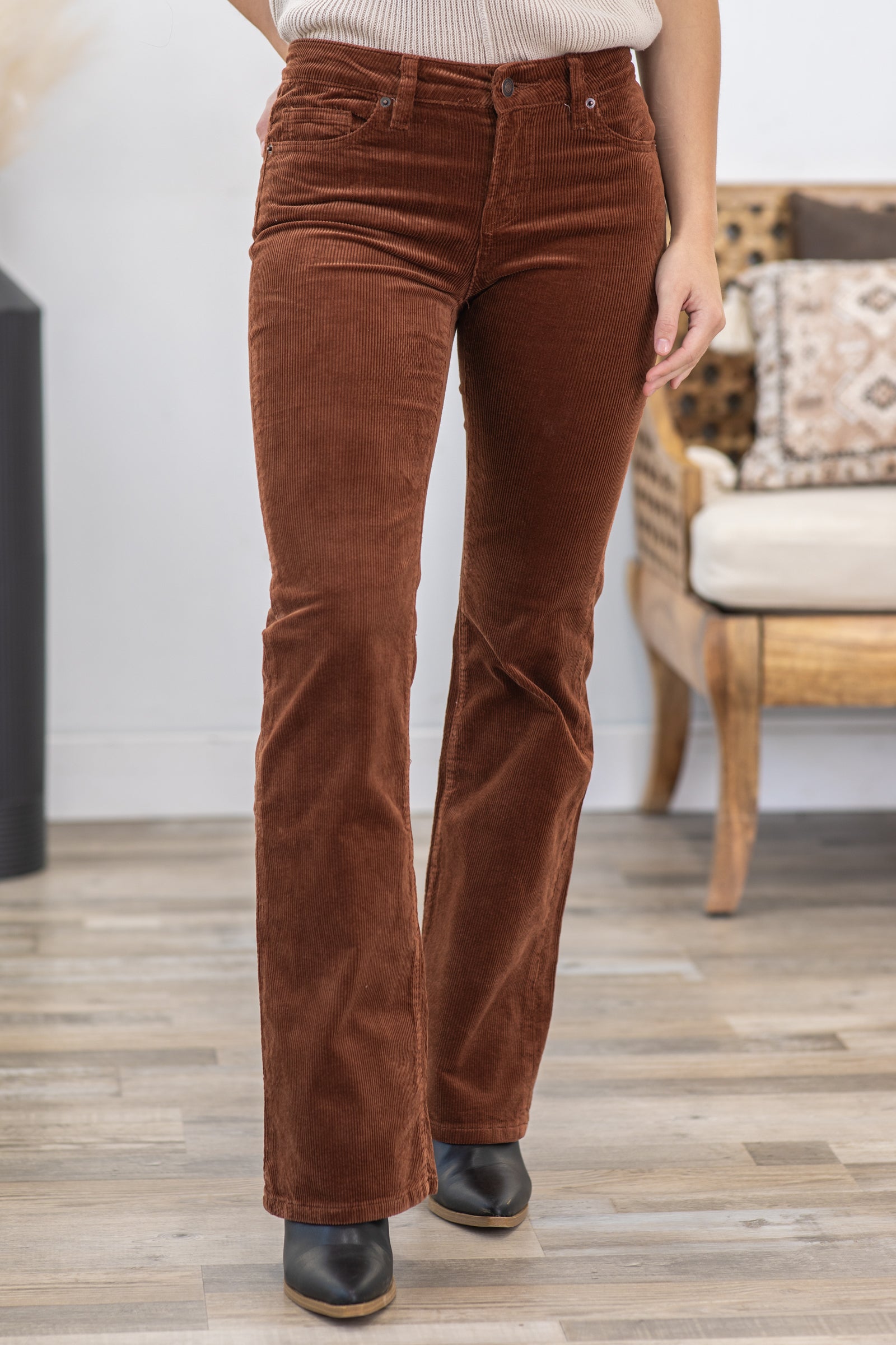Mica Cognac Mid Rise Corduroy Bootcut Pants · Filly Flair