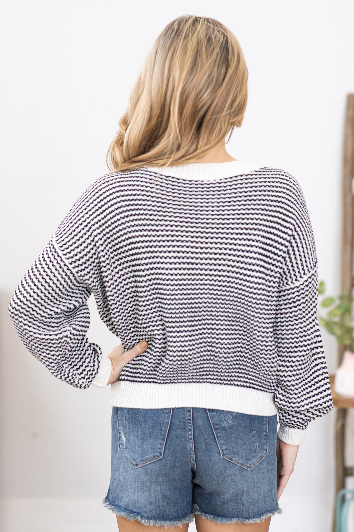 Black and Ivory Stripe Crewneck Sweater