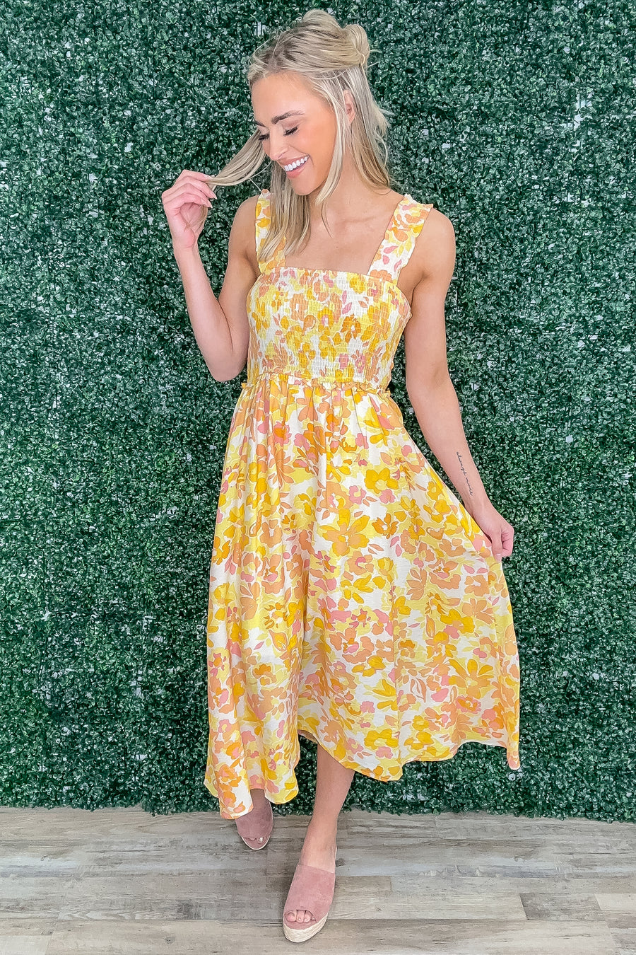Yellow Floral Print Smocked Detail Midi Dress