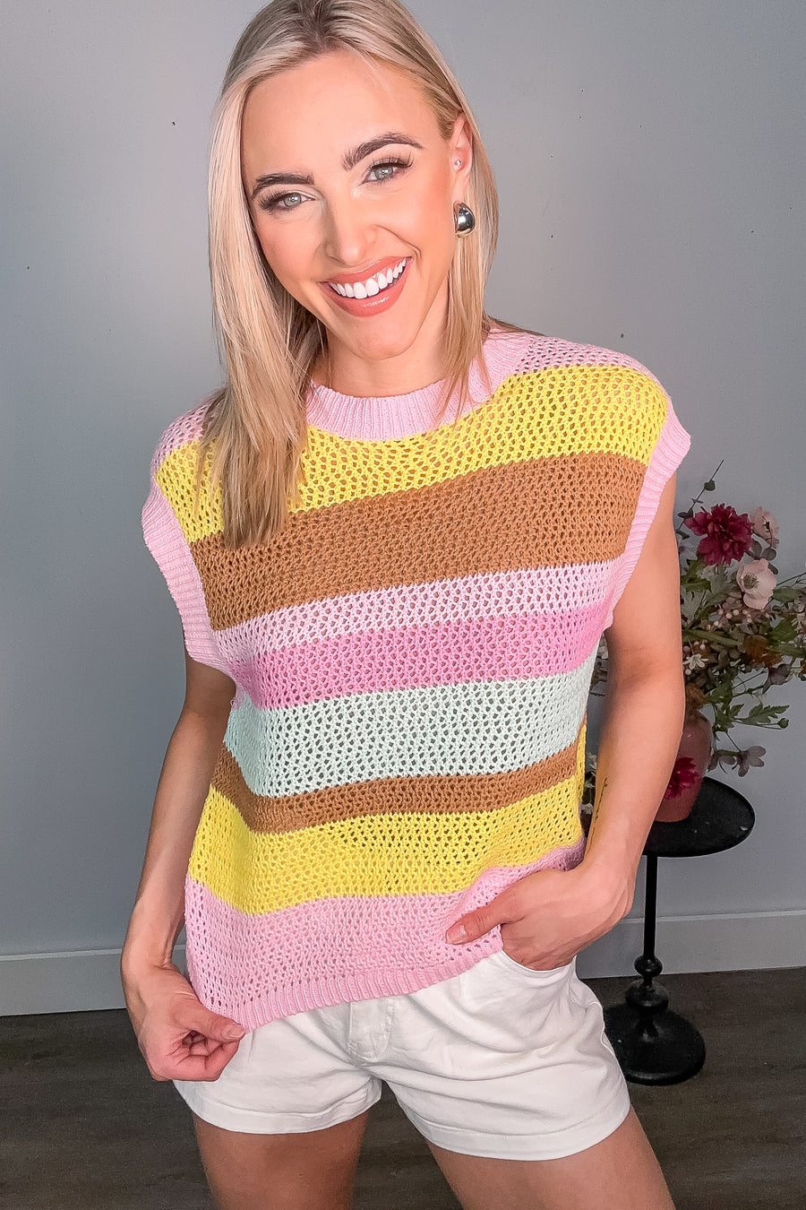Pink Crochet Multi Stripe Knit Sweater Top