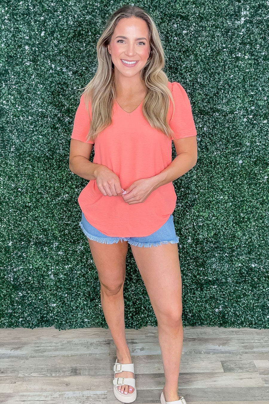 Salmon Woven Short Sleeve High Low Top