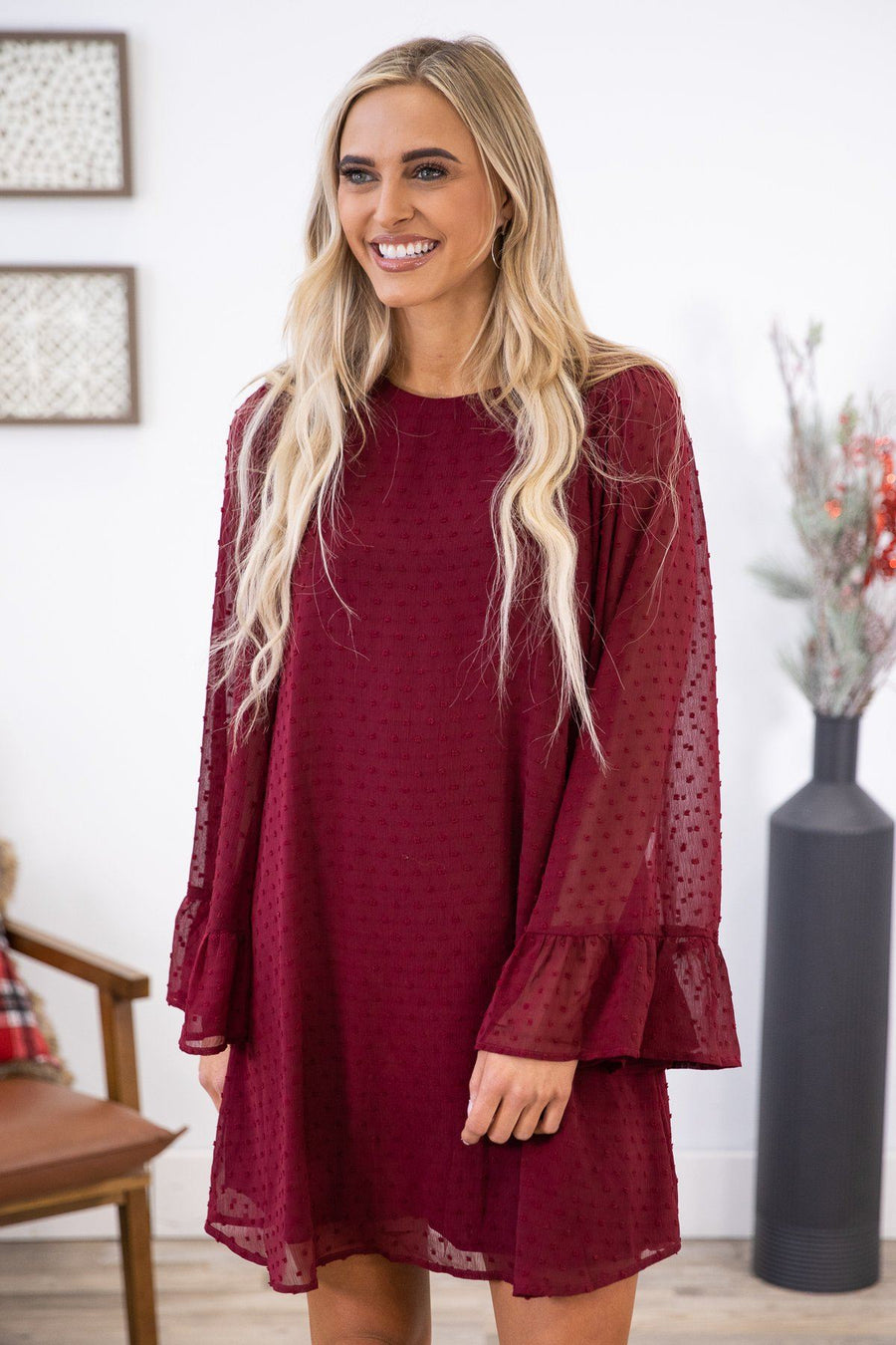Burgundy Swiss Dot Flare Sleeve Dress · Filly Flair
