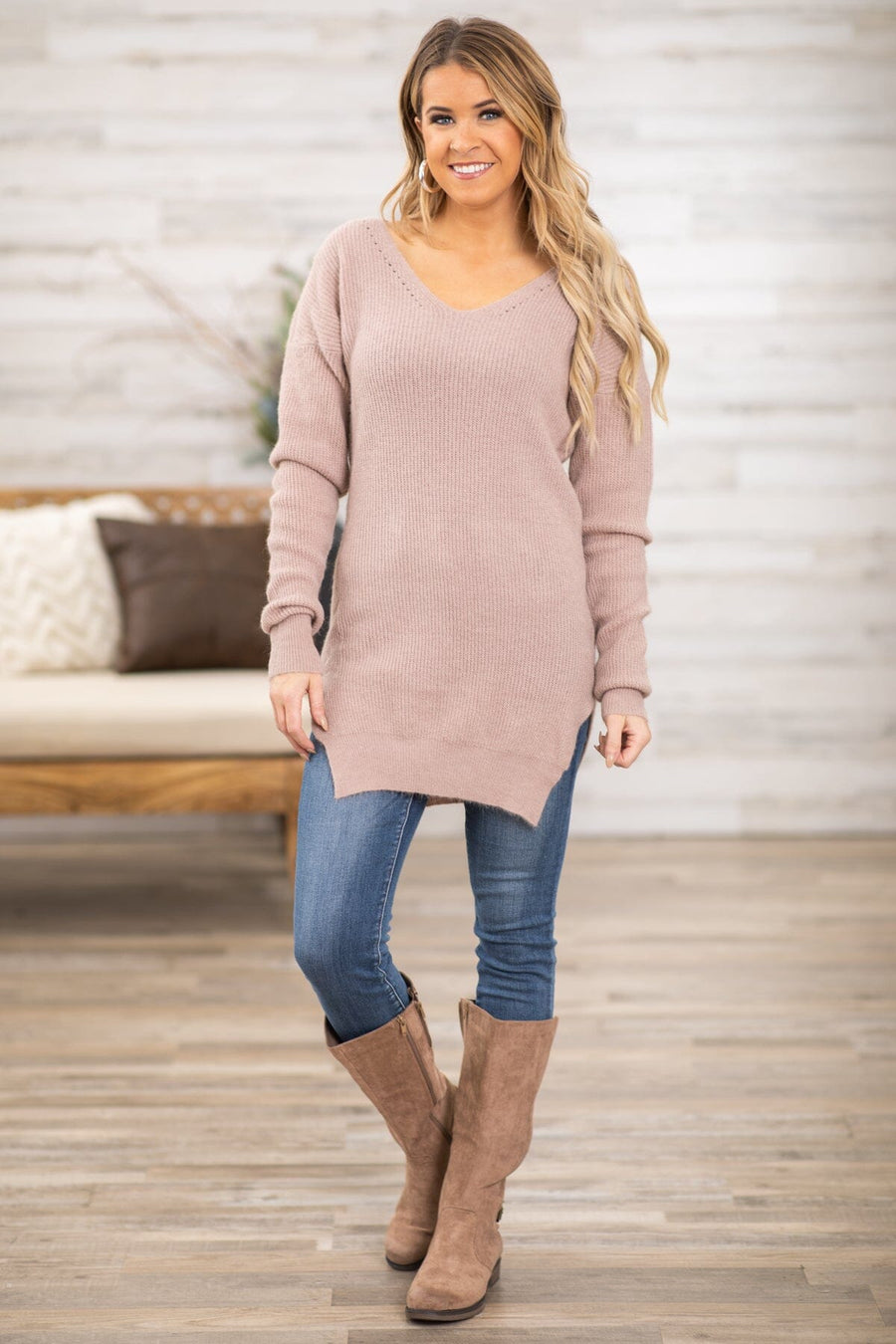 Tan V-Neck Lightweight Tunic Sweater - Filly Flair