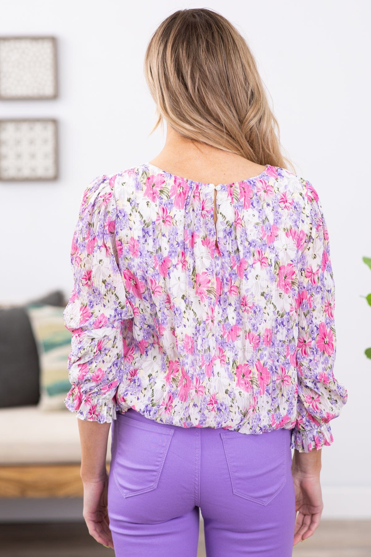 Hot Pink and Lavender Pleated Floral Print Top - Filly Flair