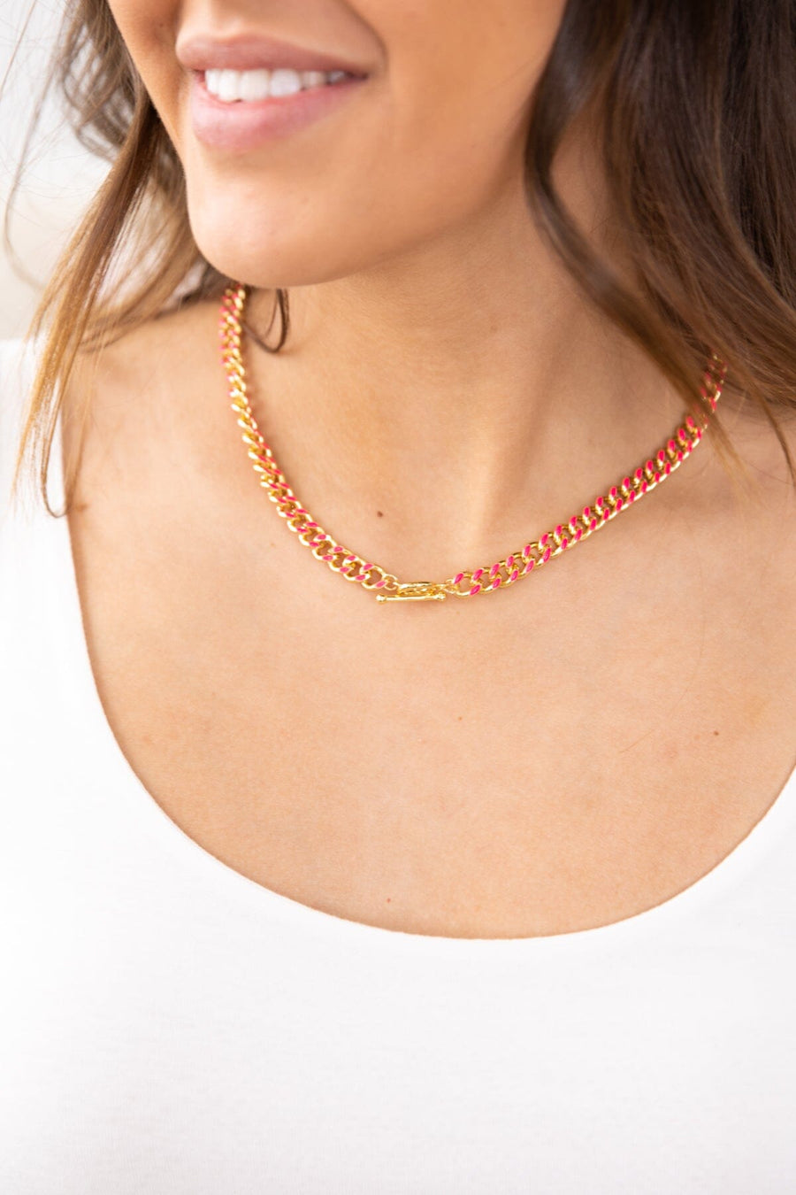 Hot Pink and Gold Enamel Thick Chain Necklace - Filly Flair