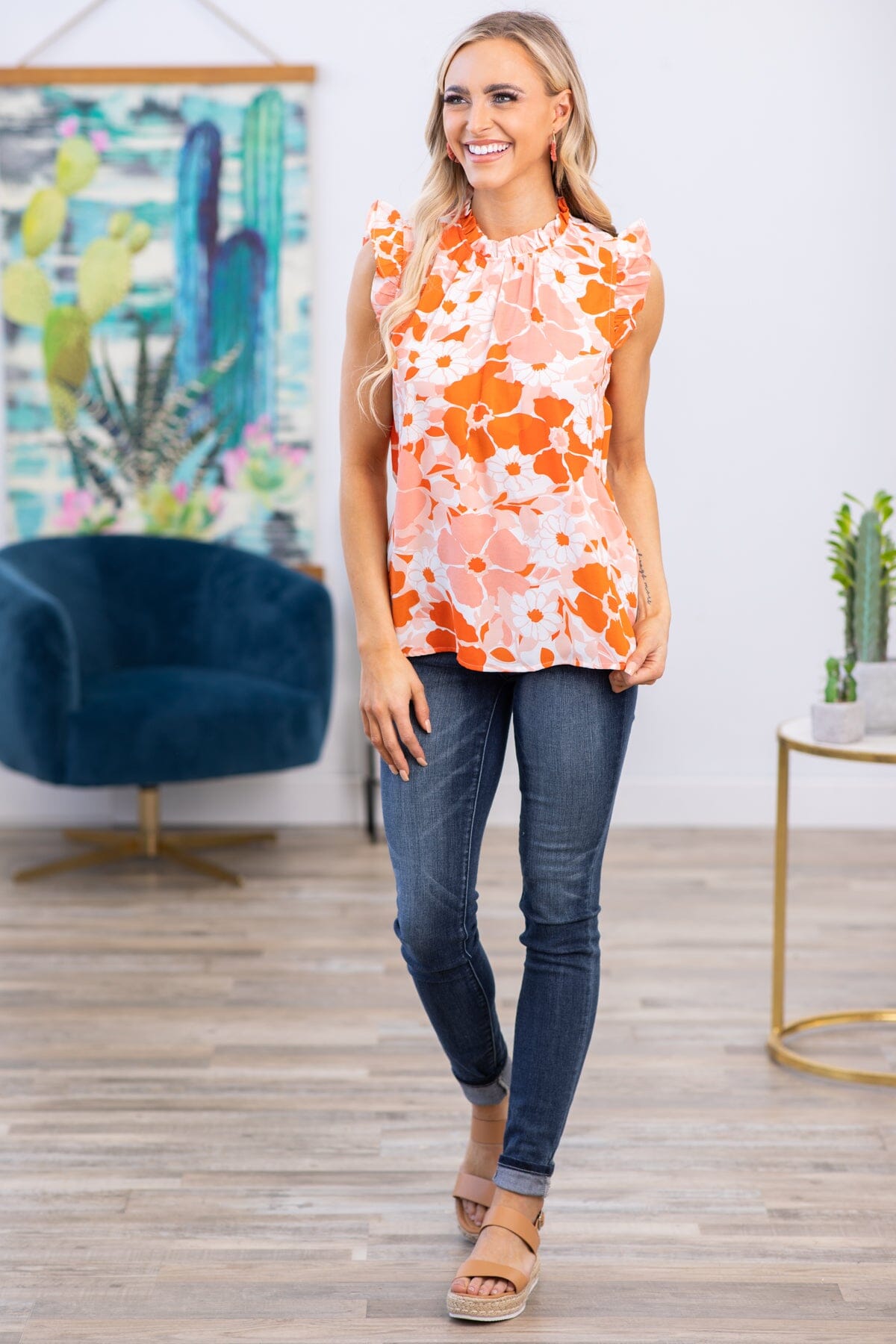 Orange and Coral Floral Flutter Sleeve Top - Filly Flair